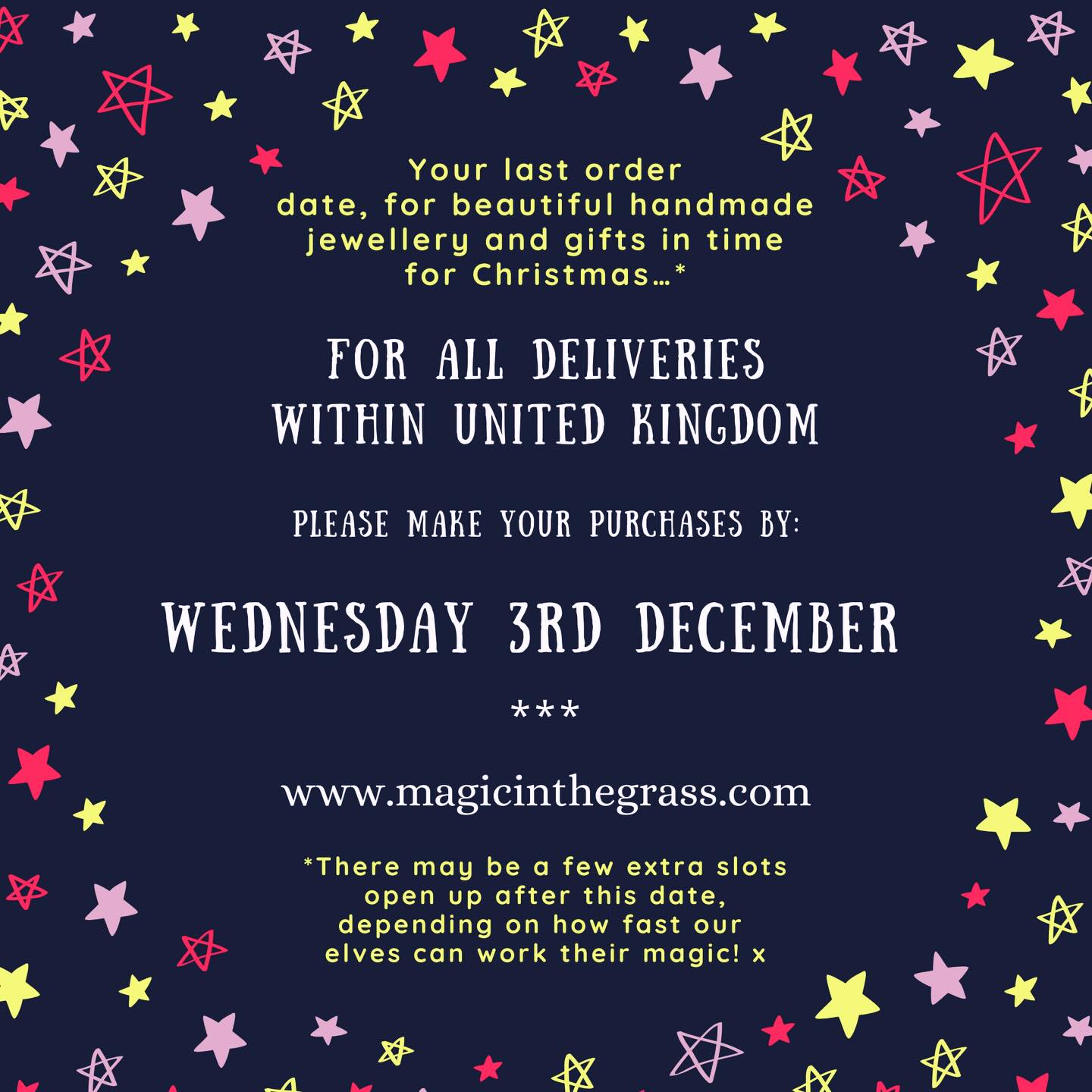 Here we go...last orders date is set!
If you’re hoping to purchase some of our handmade Silver jewellery in time for Christmas, please place your orders by Wednesday 3rd at the latest. After that, I may still be able to squeeze you in, but it’s in no way a definite, and it will only be for select designs!
I’ll be posting photos each day until then to inspire you, but please head to the website to check out our full collection...see you there xx
www.magicinthegrass.com