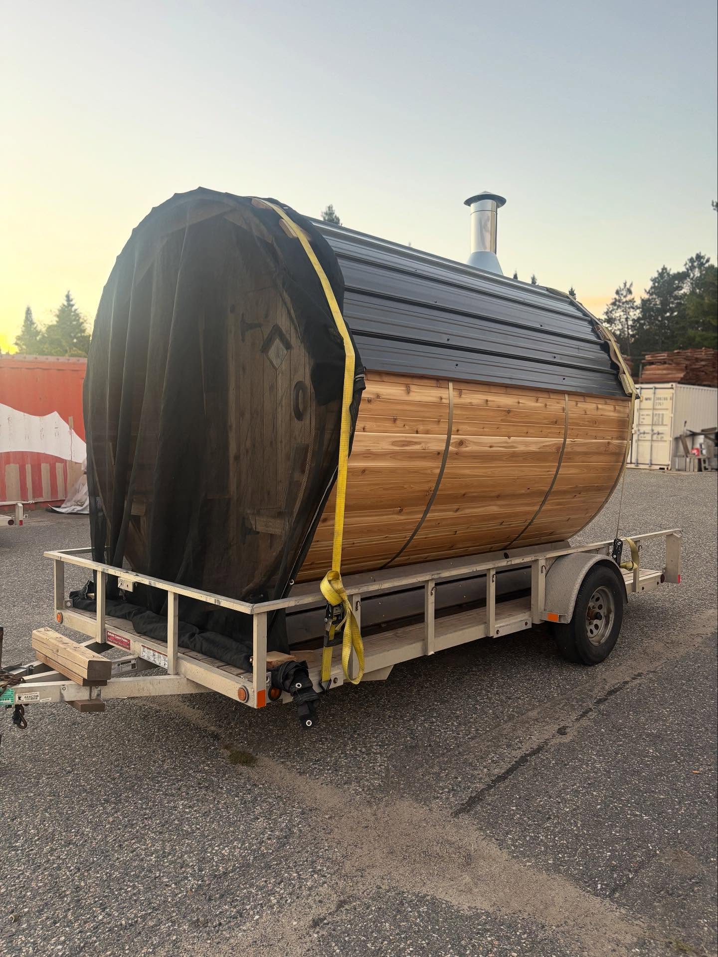 Thank you to Cedar Sense, LLC for hauling our Setri Barrel Sauna all the way from Nowheresville, Minnesota to Christiansburg, VA! Got it mounted on our trailer and ready to roll!