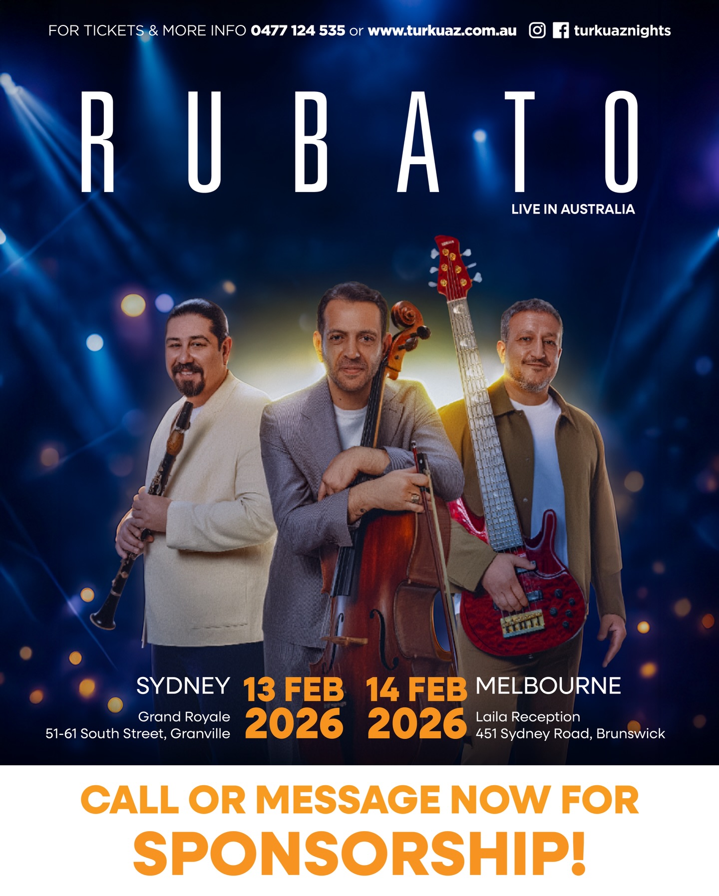 RUBATO IS RETURNING TO AUSTRALIA 🇦🇺🎶
After their sold-out 2022 Australian tour, Rubato is set to return 🤩 and before we officially launch the shows, we’re inviting select sponsors to be part of this highly anticipated tour.
✨ Connect your brand with a loyal, engaged audience
🎤 Be associated with a premium live music experience
🤝 Limited sponsorship opportunities available
📞 Call or WhatsApp: 0477 124 535
📧 Email: info@turkuaz.com.au
📩 Or DM us on Instagram or Facebook to discuss sponsorship options.
BU GECE KAÇMAZ‼️