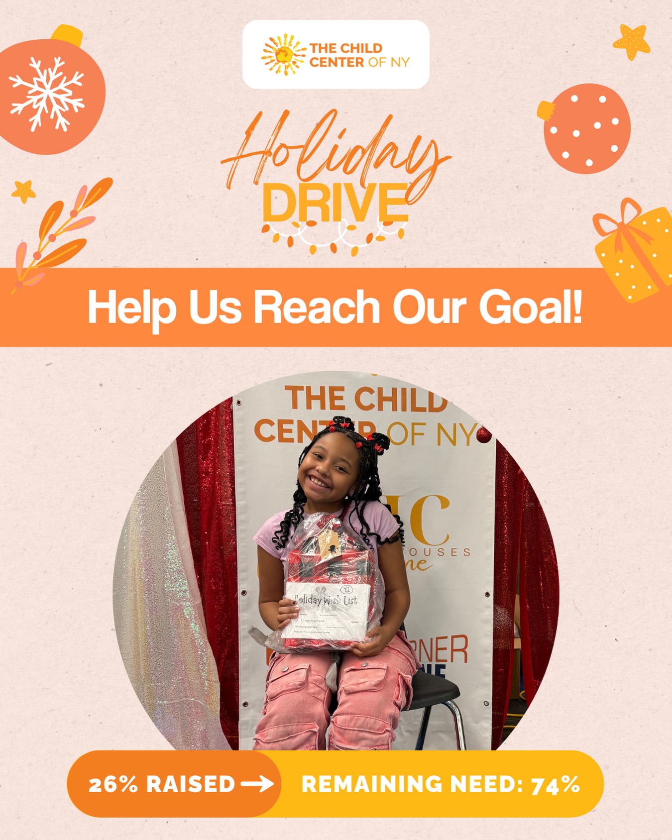 Thanks to the generosity of our community, we’ve raised 26% of our Holiday Toy Drive goal, and we’re so grateful! But with 74% still to raise, the need remains urgent.
This season, we’re working to provide 14,000 children with moments of joy that every child deserves. Many of the families we serve rely on this support as their only holiday assistance.
Our support continues long after the holidays. Through Benefits Access Services, we help families access essential resources — including food assistance, health coverage, and social services — year-round.
Will you help us close the gap and make the holidays brighter for a child in need?
Give today: https://give.childcenterny.org/holidaydrive25