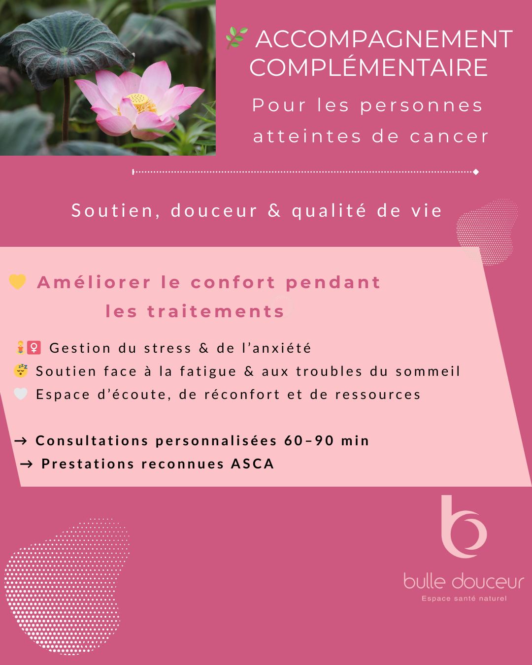 🌿 Accompagner avec douceur, soutenir avec cœur.
Mon rôle auprès des personnes touchées par le cancer : offrir un espace où l’on peut respirer, s’apaiser, se recentrer… même au cœur du parcours de soins.
Grâce à une approche complémentaire, reconnue ASCA et toujours coordonnée avec l’équipe médicale, j’aide vos patients (ou vous-même) à mieux traverser les traitements : stress, fatigue, sommeil, émotions… 🌸
Ici, pas de promesses miracles.
Juste du soutien, de la bienveillance et une présence qui fait du bien.
🤍 Nouveaux patients bienvenus
📍 Bulle Douceur – VAG
👉 Réservations :
www.bulle-douceur.ch/vag
#naturopathie #bienetre #oncologie #accompagnement #qualitedevie #ascca #soutien #cancer #prendreSoin #bulledeDouceur #therapieComplementaire
@association_s.u.p.e.r