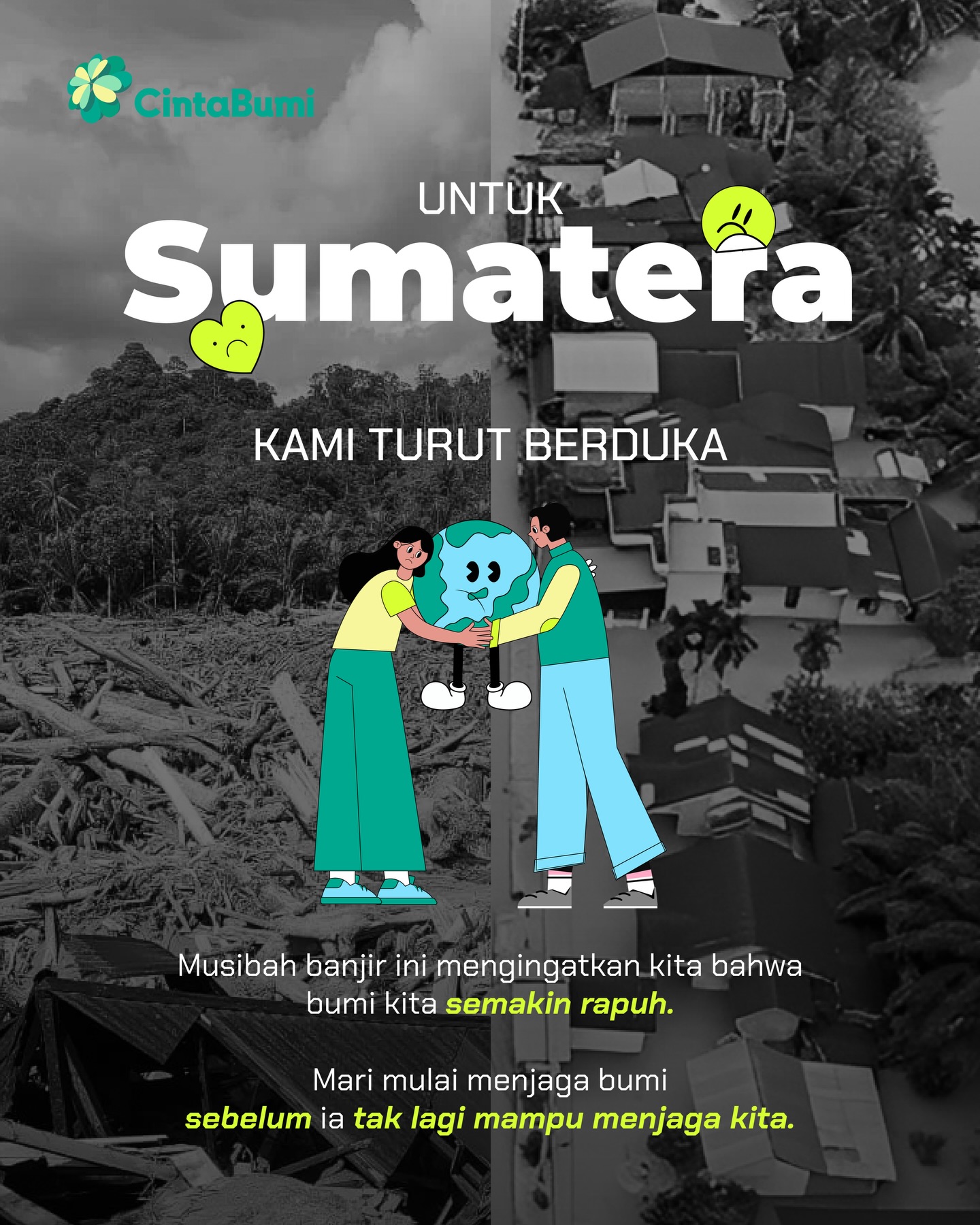 Turut berbelasungkawa untuk keluarga yang terdampak banjir di Sumatera Utara, Sumatera Barat, Aceh, dan sekitarnya ๐
Bencana ini bukan hanya kabar, tapi alarm bahwa bumi kita butuh bantuan.
Saatnya mulai dari hal sederhana:
โจ Mengurangi penggunaan plastik
โจ Tidak mendukung deforestasi
โจ Lebih bijak menggunakan air
โจ Tidak menyisakan makanan
โจ Mendukung energi yang lebih ramah lingkungan
Letโs start today, for a safer tomorrow. ๐