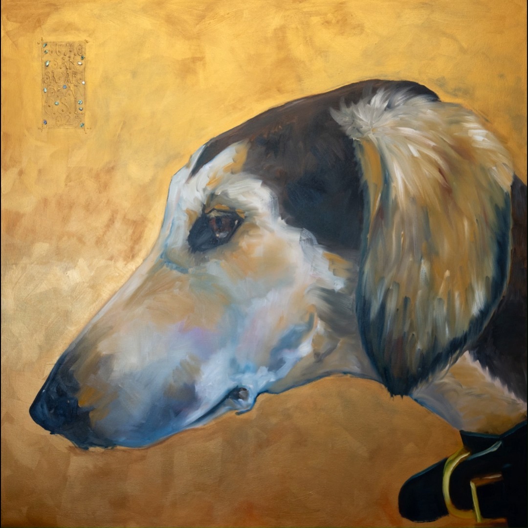 That's a wrap pretty much on my painting module @aberystwythschoolofart. I think I have enjoyed this term and have done a lot of painting, achieving what I set out to do - promoting rescue hounds who have been regarded as meaninless rubbish to their true level; royalty.
This is Spuddy, or Sumo San Sagars Bear, painted in oils on luxurious and jaw dropping gold, with gesso and abalone pieces surrounding his name cartouche.
122x122cm oil, gesso and acrylic on canvas
#rescuedogsofinstagram #resuesaluki #salukirescue #saluki #houndpainting #goldpainting #uniorbust #stripeyhoundart #aberystwythschoolofart