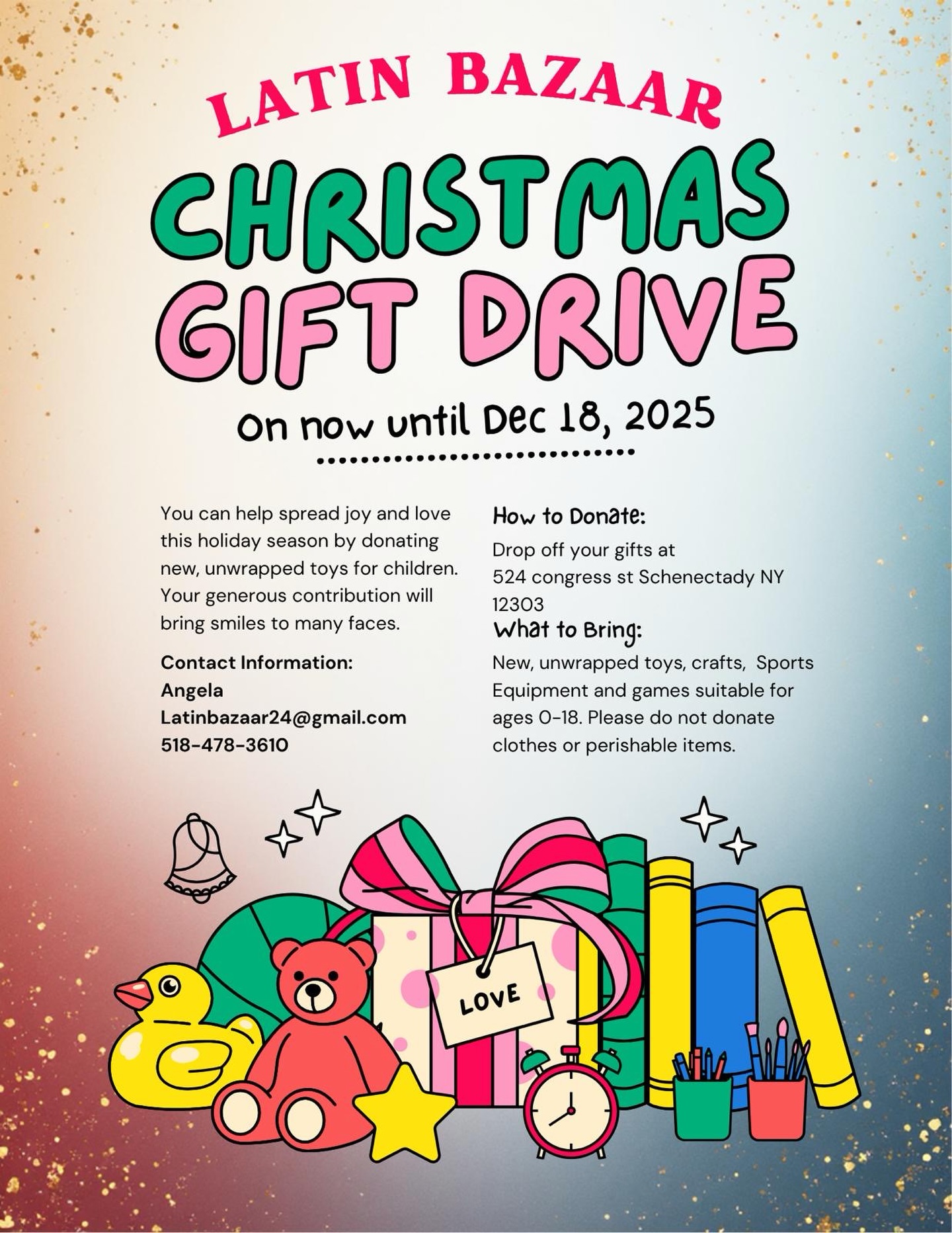 Latin Bazaar is hosting a Christmas Gift Drive now through December 18 to help spread joy this holiday season. New, unwrapped toys, crafts, games, and sports equipment for children and teens are welcome. 🎁✨