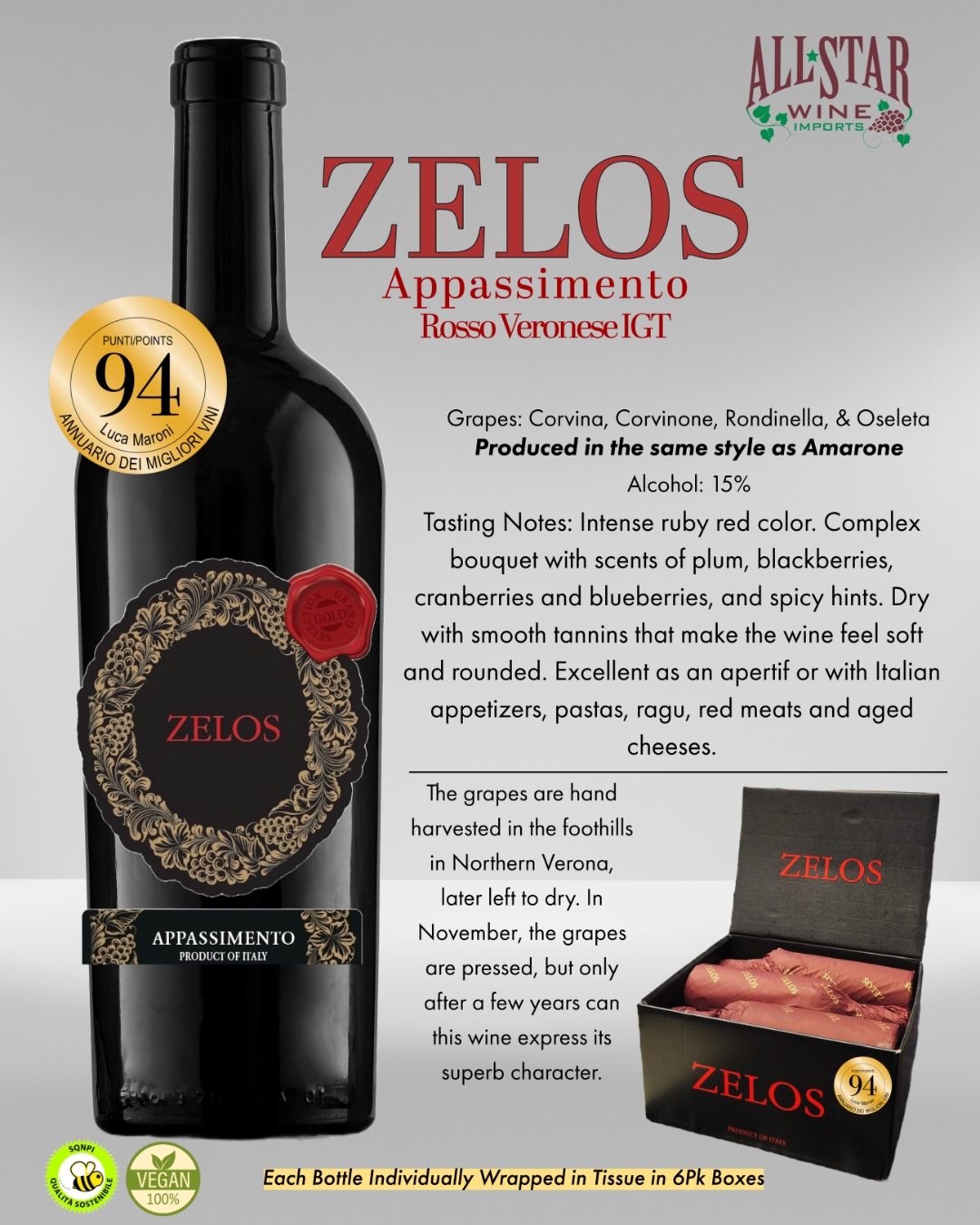 Back in stock for the holidays!
Just in time for the season, our beloved Zelos from Verona, Italy is back! 🍷 This full-bodied wine brings a taste of romance and sophistication that will please even the most discerning palates. Perfect for your holiday gatherings or as a thoughtful gift for someone special.
#ZelosWine #VeronaItaly #HolidayCheers #WineLovers #GiftingSeason