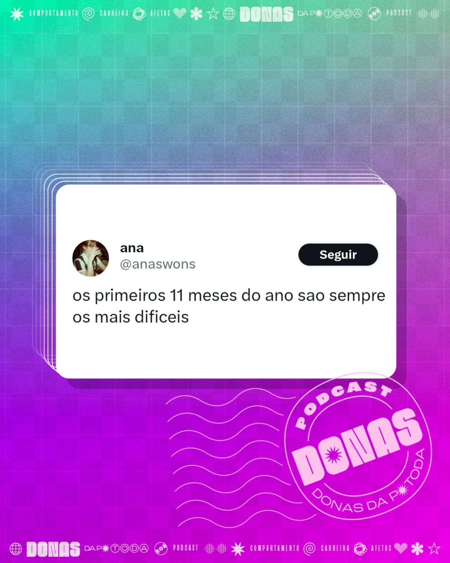 Segunda-feira, 1 de dezembro de 2025. Prontas para mais uma semana e mais uma curadoria de tweets?
Nesta terça tem episódio novo no ar. Aproveita para seguir o Donas e avaliar com 5 estrelas no Spotify e na Apple Podcasts.
Contribua com a nossa campanha de financiamento coletivo em apoia.se/donasdaptoda e receba conteúdos exclusivos, brindes e muito mais
#donasdaptoda #podcasts #mulherespodcasters