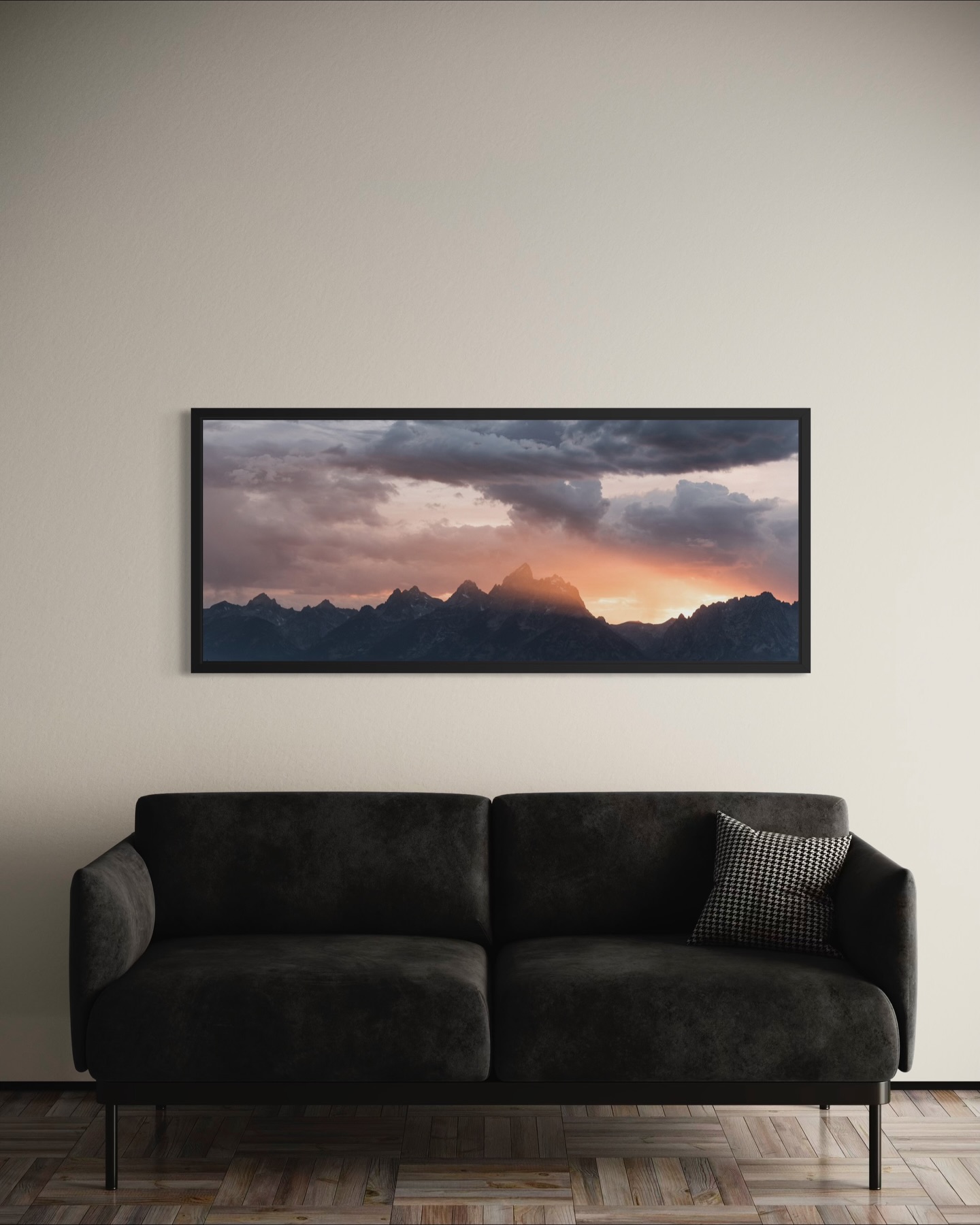 Nothing like elevating a simple space with something dramatic.
Teton Glow is designed for the kinds of walls that are notoriously hard to fill; wide, horizontal spaces where standard artwork feels either too small or awkwardly proportioned. A panoramic float-frame canvas solves that problem instantly!
Because of its long format, it works especially well above a sofa, behind a dining table, in a hallway, or over a console where you need artwork that stretches with the room instead of fighting the proportions. It draws the eye across the full span of the space, making the entire room feel more intentional and put-together.
If you’ve got a long wall that needs something with presence and the right dimensions, this piece was made with that exact purpose in mind.