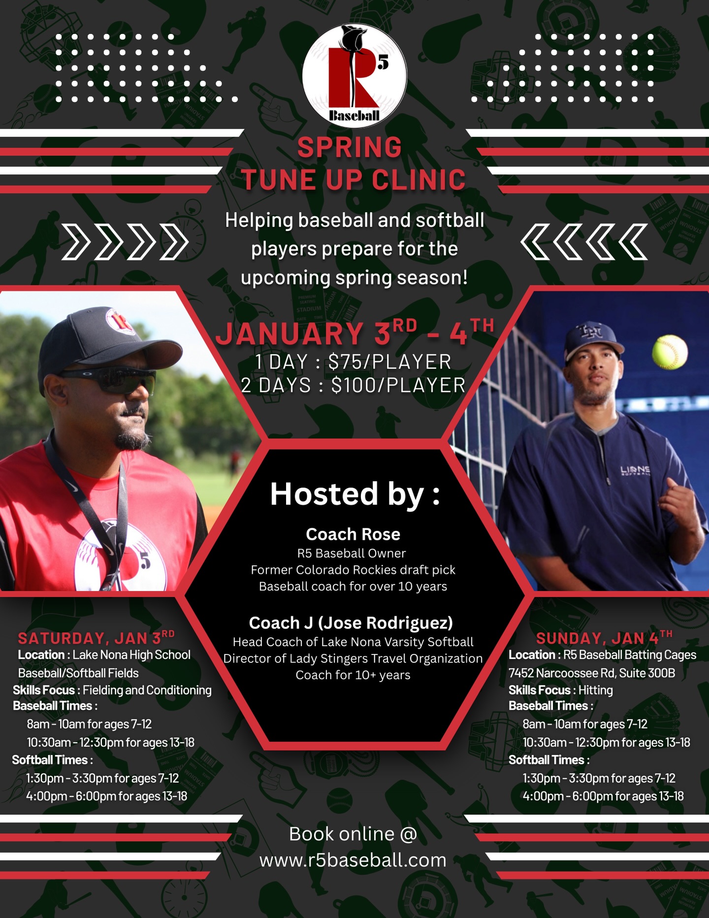 🔥 SPRING TUNE UP CLINIC IS HERE! 🔥
Baseball + Softball players : it’s time to level UP before spring season hits! 💯⚾🥎
📅 January 3rd & 4th
💰 1 Day: $75 | 2 Days: $100
We’re bringing the HEAT with two elite coaches:
⭐ Coach Rose — Former Colorado Rockies draft pick & R5 Baseball Owner
⭐ Coach J — Lake Nona Varsity Softball Head Coach & Lady Stingers Director
Two days. Two locations. Serious skill work.
Fielding. Conditioning. Base Running. Hitting. 💥
DAY 1 — Sat, Jan 3rd @ Lake Nona High School Fields
⚾ Baseball:
• 8–10am (ages 7–12)
• 10:30am–12:30pm (ages 13–18)
🥎 Softball:
• 1:30–3:30pm (ages 7–12)
• 4–6pm (ages 13–18)
DAY 2 — Sun, Jan 4th @ R5 Baseball Cages
⚾ Hitting (Baseball):
• 8–10am (ages 7–12)
• 10:30am–12:30pm (ages 13–18)
🥎 Hitting (Softball):
• 1:30–3:30pm (ages 7–12)
• 4–6pm (ages 13–18)
🚨 Spots WILL fill fast. Don’t wait.
👉 Register now at www.r5baseball.com : Make sure to register the correct time slot for your player based on their age. (If paying to attend both days, we will add them to the second day for the same time slot).
Let’s get your athlete locked in and ready to dominate this spring! 💪🔥
Message us for any questions!