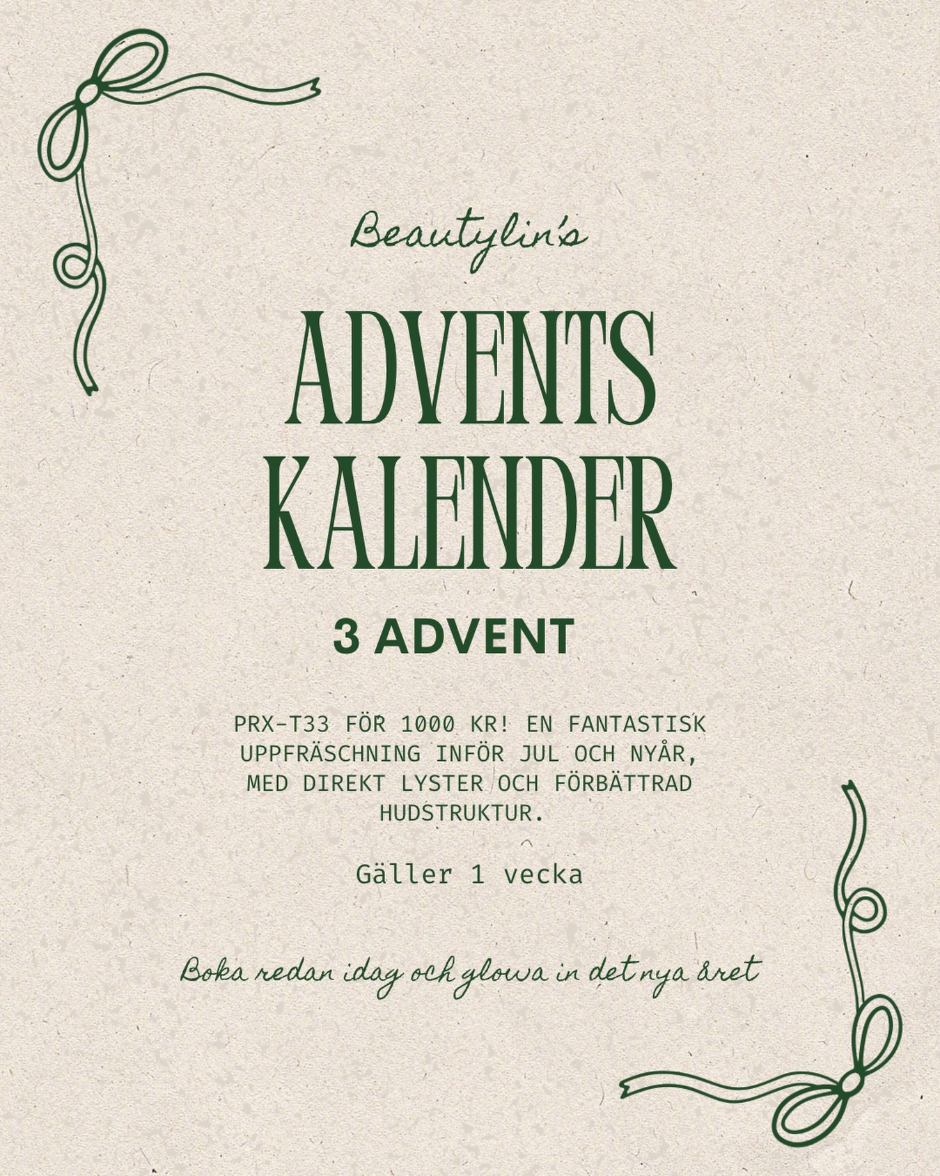 Missa inte Beautylins adventskalender som släpps varje advent 🎄
Dagens lucka, tredje advent 🎁
En av årets mest efterfrågade behandlingar till ett oslagbart pris. PRX-T33 för endast 1000 kr.
Perfekt uppfräschning inför jul och nyår med direkt lyster och förbättrad hudstruktur.
Gäller i en vecka, först till kvarn 🧖🏼♀️
Vi på Villa Ed
Inredningsbutik @villaedinredning
Klädbutik @villaed_by_glozzy
Café & Bistro @cafevillaed
Frisörer @villaed.frisorerna
Injektionsbehandlare @beautylin.se
Kroppsvård & Massage @lindaholtzkroppsvard
Inemotion Psykologi @inemotionpsykologi
Keramik @lerkallan
Skulpturskogen Villa Ed
