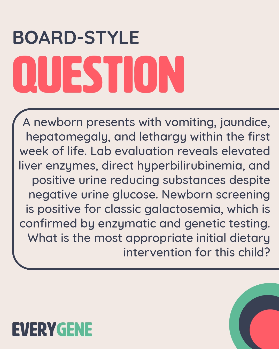 This one is for all my dieticians! This disorder is super important to catch, as a change in diet can save a baby's life. That's why its on newborn screen!
#galactosemia #NBS #everygene #boardquestion #diet #