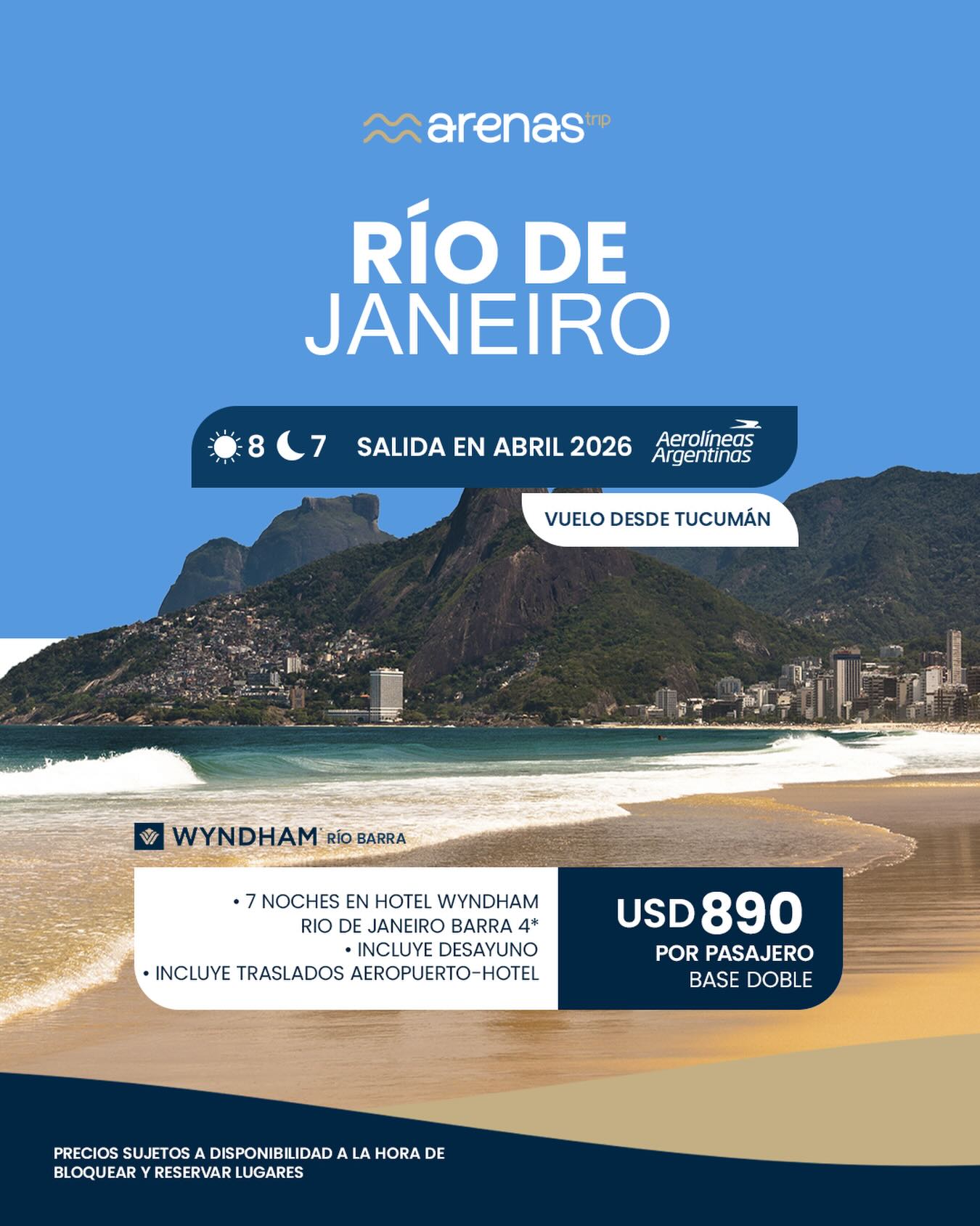 🌴✨ ¡RÍO DE JANEIRO TE ESPERA! ✨🌴
7 noches para disfrutar una de las ciudades más lindas, playa, ritmo y descanso total. 💛🌊
📍 Salida desde Tucumán – Abril 2026
✈️ Vuelos con Aerolíneas Argentinas
🏨 Alojamiento:
Hotel Wyndham Río de Janeiro Barra 4⭐
✔️ Desayuno incluido 🍽
✔️ Traslados in - out 🚌
💵 Precio: 890 usd por pasajero (dólar billete)
📌 Base doble
🏖️ Ideal para descansar, disfrutar la playa, explorar Barra da Tijuca y vivir la energía única de Río.
📩 Consultanos para reservar tu lugar.
Precios sujetos a disponibilidad al momento de reservar y bloquear lugares.