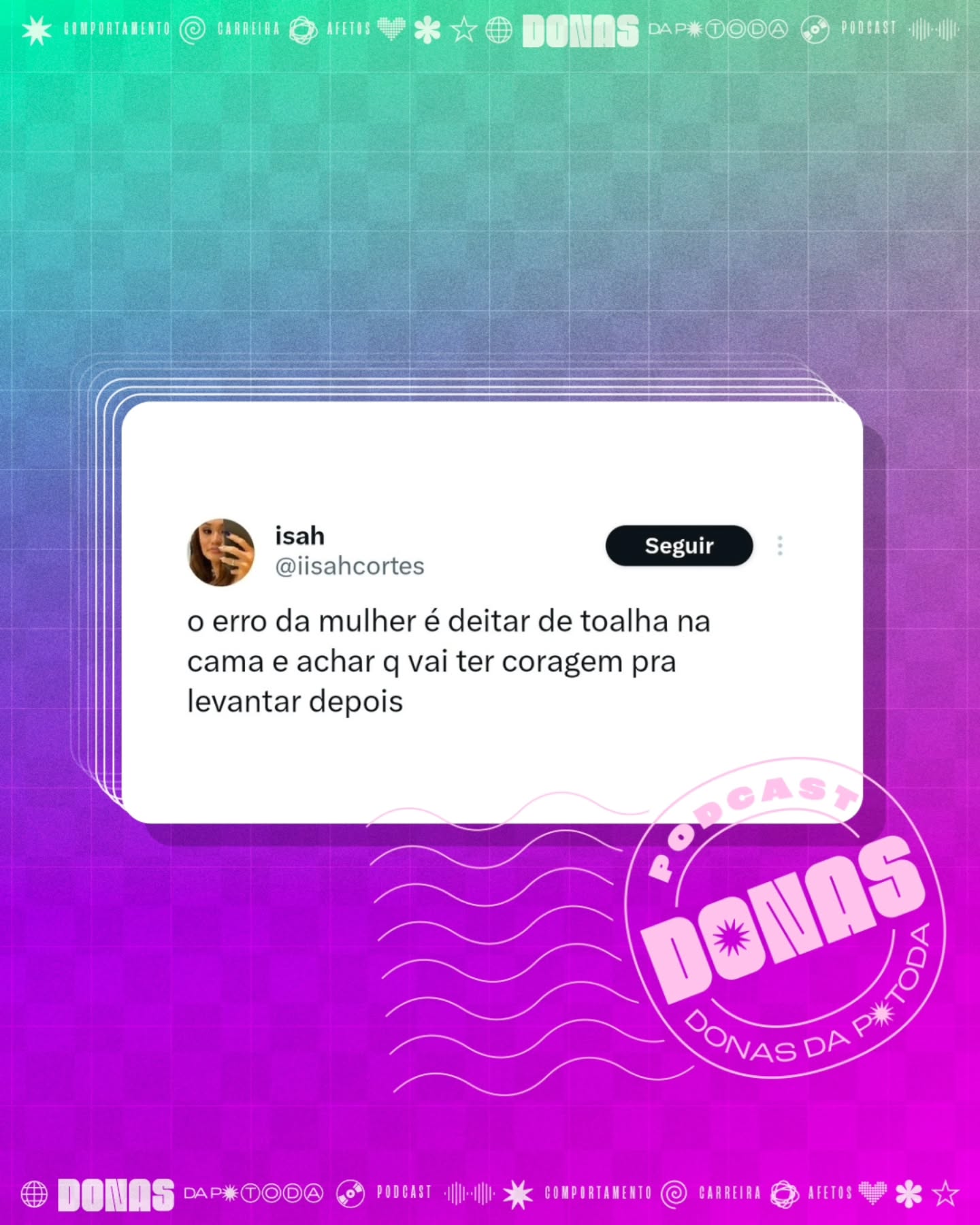 Segunda-feira, 15 de dezembro de 2025. Prontas para mais uma semana e mais uma curadoria de tweets?
Nesta terça tem episódio novo no ar. Aproveita para seguir o Donas e avaliar com 5 estrelas no Spotify e na Apple Podcasts.
Contribua com a nossa campanha de financiamento coletivo em apoia.se/donasdaptoda e receba conteúdos exclusivos, brindes e muito mais
#donasdaptoda #podcasts #mulherespodcasters