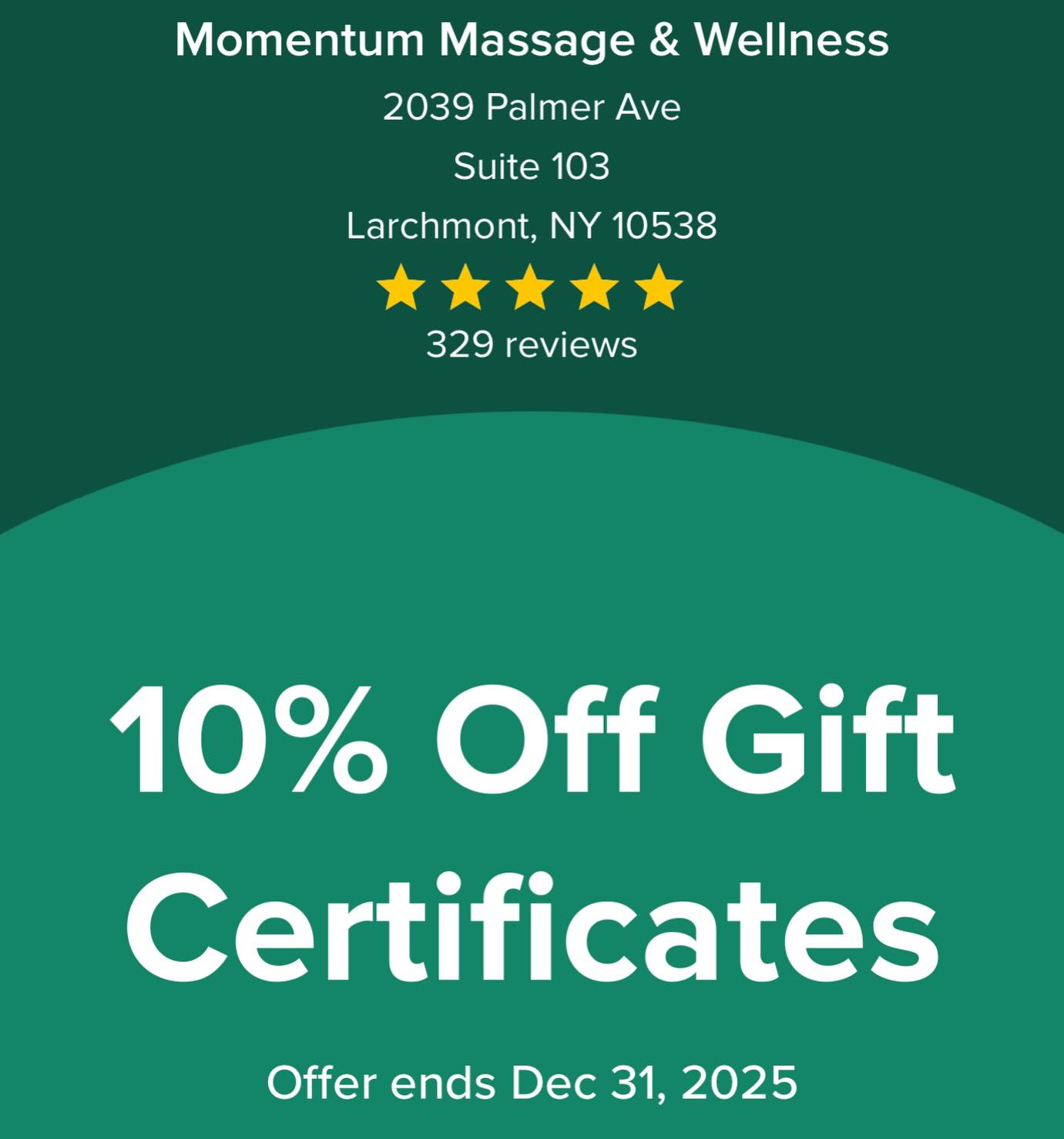 Comment GIFT and I’ll send you the deal! We rarely offer discounts on our services so take advantage of this once a year sale! Now through the end of the year, save 10% on massage gift certificates. Keep one for yourself or give the gift of self-care. Happy Holidays!
*Valid for 1 year from date of purchase.