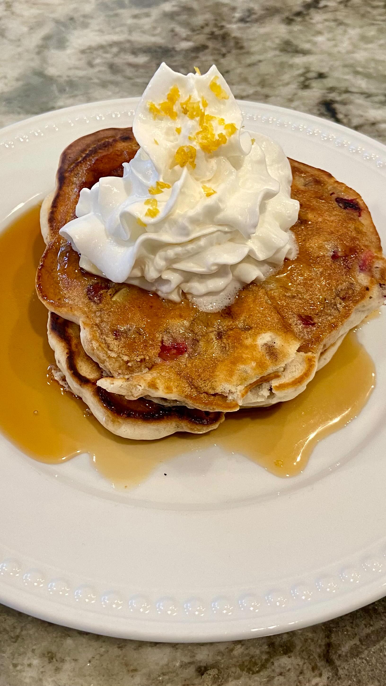 Are you a fan of great pancakes? If you make your own maple syrup, you’re probably pretty good at pancakes! My favorite pancake has apple and pecan with a little vanilla. Today I thought, let’s try a Christmas pancake and added fresh cranberries with a little lemon zest as well. Absolutely fantastic and it gives a wonderful smell to the kitchen! A perfect Christmas morning, breakfast!#navy #armylife #coastguard #veterans #marinecorps #airforce #airforce #gvsualumni #veteranowned #michiganveterans #newaygocounty