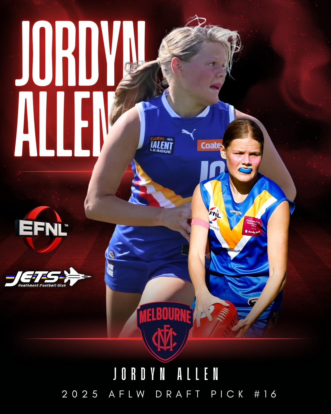 AFLW Draft | Jordyn Allen
Congratulations to Heathmont Jets Junior Football Club's Jordyn Allen, selected by the @melbourneaflw Demons at Pick number 16!