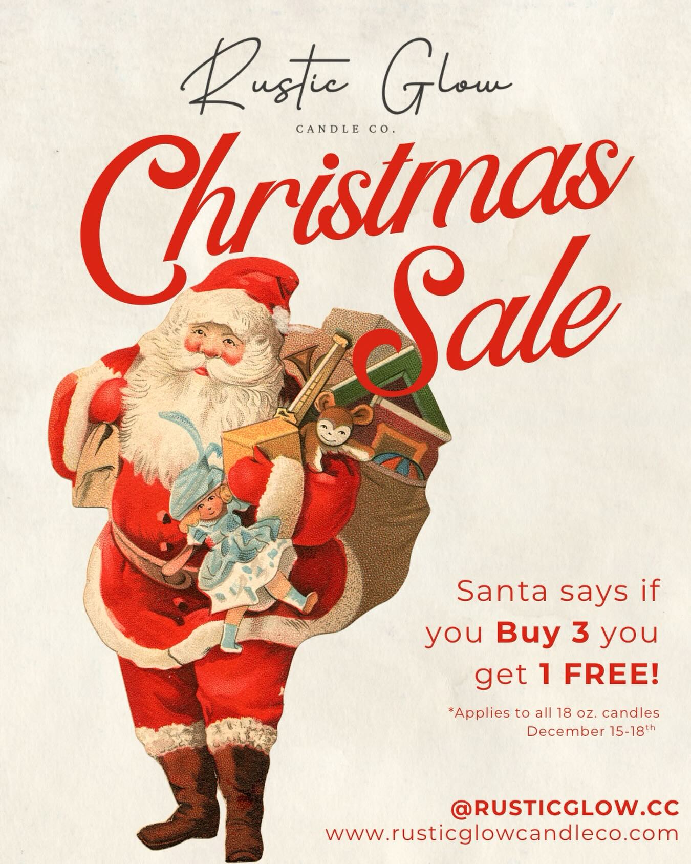 🎅 Ho, ho, ho! Santa here — and I’ve checked the list twice…
You’ve all been extra good this year, so Rustic Glow Candle Co. is spreading some holiday cheer!
✨ Buy 3, Get 1 FREE on all 18 oz candles! ✨
Stock up on your favorite scents or gift a little glow to someone you love. 🕯️
Head to rusticglowcandleco.com before Santa heads back to the North Pole! 🎄
#RusticGlowCandleCo #SantaApproved #ChristmasSale #HolidayDeals #Buy3Get1Free #CandleSale #SoyCandles #HandPouredCandles #CandleLovers #CandleAddict #HomeFragrance #CozyHome #ChristmasCandles #ShopSmall #SupportSmallBusiness #CandleCommunity #GiftIdeas #SantaSaysShop #HolidayGifting #MadeInTexas #CandleObsessed #CandleSeason #SmallShopBigLove