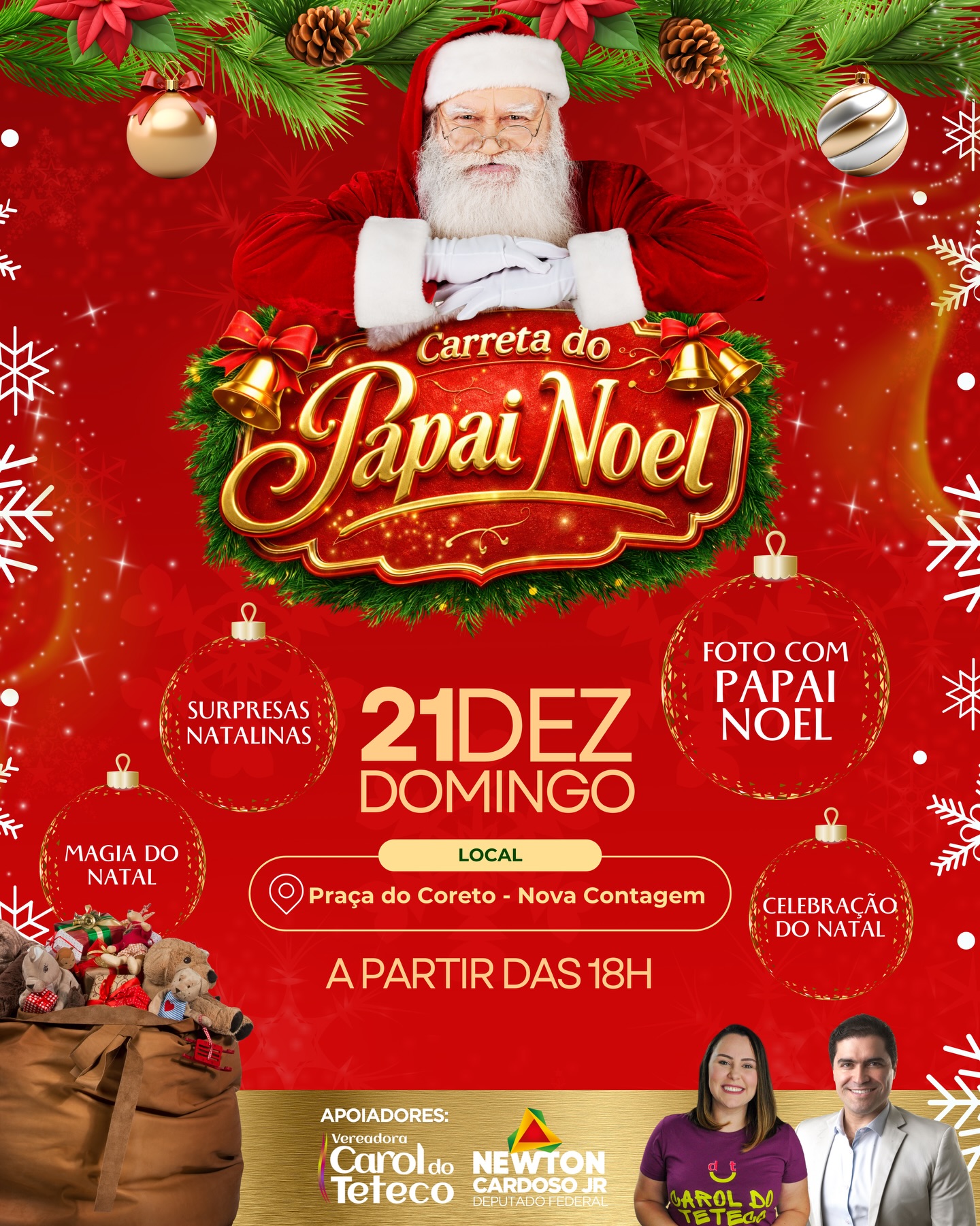 🎅🎄 O clima de Natal vai tomar conta de Nova Contagem!
No próximo domingo, 21 de dezembro, a partir das 18h, a Carreta do Papai Noel passa pela Praça do Coreto, trazendo um momento especial para viver o espírito natalino em família. ✨
Vai ter Papai Noel, magia do Natal, clima de alegria e aquele encontro gostoso que aquece o coração — do jeito que essa época merece. 💜
📍 Local: Praça do Coreto – Nova Contagem
🕕 Horário: A partir das 18h
Chame quem você ama, venha viver esse momento e celebrar o Natal com a nossa cidade. 🎄✨