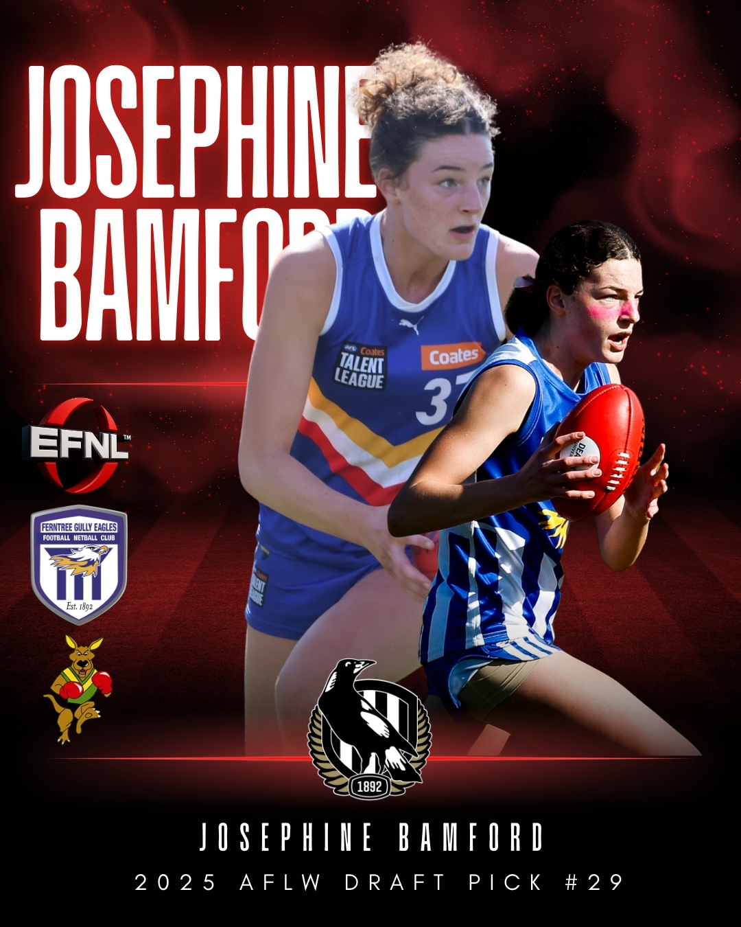 AFLW Draft | Josephine Bamford
Congratulations to Ferntree Gully's Josephine Bamford, selected at Pick number 29 by the @collingwoodaflw Football Club in tonight's AFLW Draft!