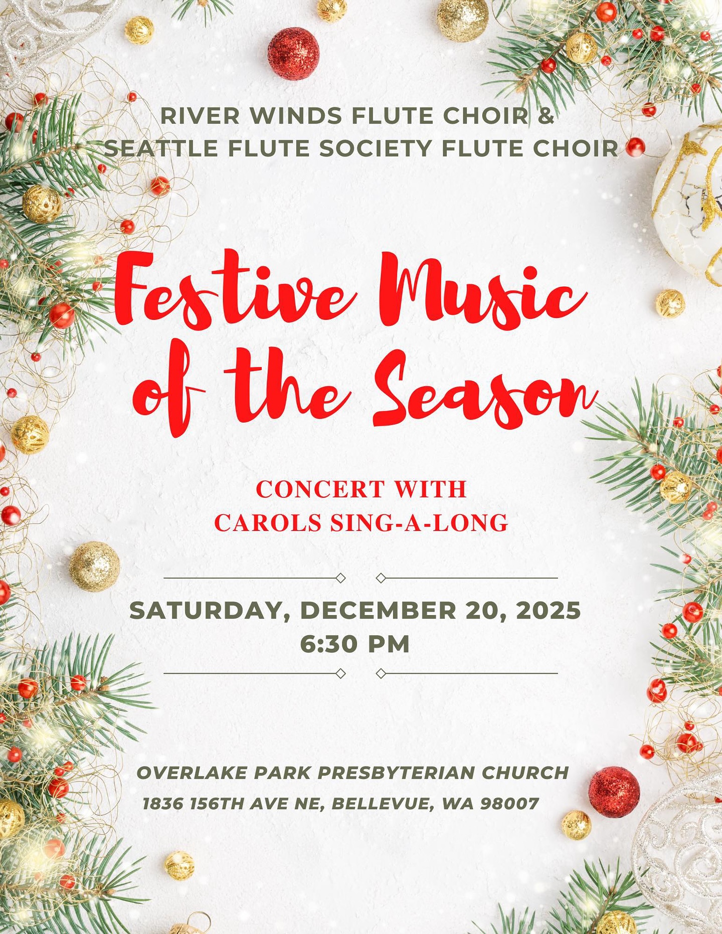 Join us for two festive flute choir concerts this weekend! Familiar favorites, a world premiere, and a singalong - it