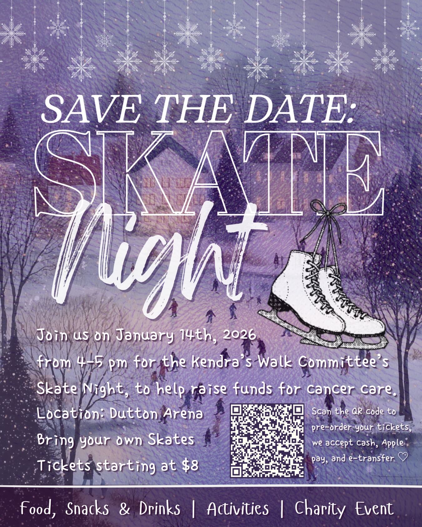 Save the date: the Kendra’s Walk Committee is hosting our first ever afternoon skate night! ❄️⛸️☃️
Join us for a variety of on and off-ice activities, and enjoy food for purchase, including a build-your-own hot chocolate bar. Your first hot chocolate and cookie are free! ☕️🍪😋
Don’t hesitate to reach out! DM us, send an email, or find any one of the executives regarding any questions or concerns! 💜