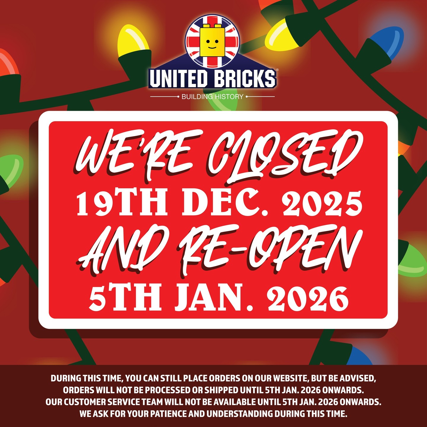 🎄 United Bricks Ltd. Head Office will be closed from 19th Dec. 2025 and will re-open 5th Jan. 2026.
During this time, you can still place orders on our website, but be advised, orders will not be processed or shipped until 5th January 2026 onwards.
Our Customer Service Team will NOT be replying to emails, phone calls or live chats during our break.
All emails, phone calls and live chat messages will be replied to in due course from 5th January 2026 onwards.
We ask for your patience and understanding during this time.
-
#UnitedBricks #Minifigure #BrickArms #Minifigures #Historical #HistoricalMiniatures #Christmas2025 #Christmas #Holidays2025