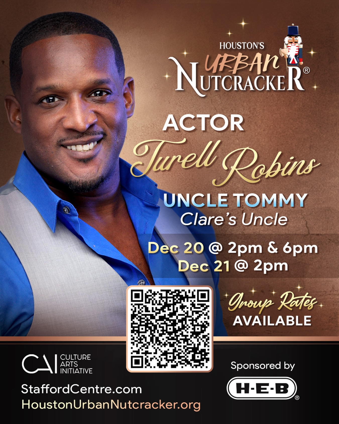 Meet Turell Robins
Actor: Uncle Tommy (Clare’s Uncle)
Turell Robins is a Houston-based actor, singer, and performer known for his dynamic stage presence and emotional versatility. A proud student of the Charnele Brown School of Actingsince 2018, Turell continues to refine his craft through character-driven storytelling and collaborative performance.
His theater credits include standout roles such as Roy in The Light in the Piazza (Sankofa Collection), and Audrey II (manipulator) in Little Shop of Horrors at Theatre Under The Stars. Additional credits include Buster/Ensemble in The Color Purple (Sankofa Collection/Garden Theater, Man in Purple in For Colored Boyz (Creative Colab), and Jeffery Sr. in A Few Good Men (DNP Productions).
On screen, Turell’s film and television work includes One Way Out, Bissonnet, Black Santa, Horus: The Awakening, Induced 2, and the series Bordersville II and also can be seen in National Commercial appearances.
A multi-talented performer, Turell is also skilled in singing, dancing, percussion, tumbling, and cheer stunting. He approaches every role with integrity, passion, and a deep respect for the craft of storytelling. Whether on stage or in front of the camera, Turell strives to create performances that move audiences and reflect the beauty and complexity of real life.
JUST ONE WEEK TIL SHOWTIME!!! Get your tickets and share the holidays with this talented cast. Tickets on Sale now at HoustonUrbanNutcracker.org or the Stafford Centre’s box office!