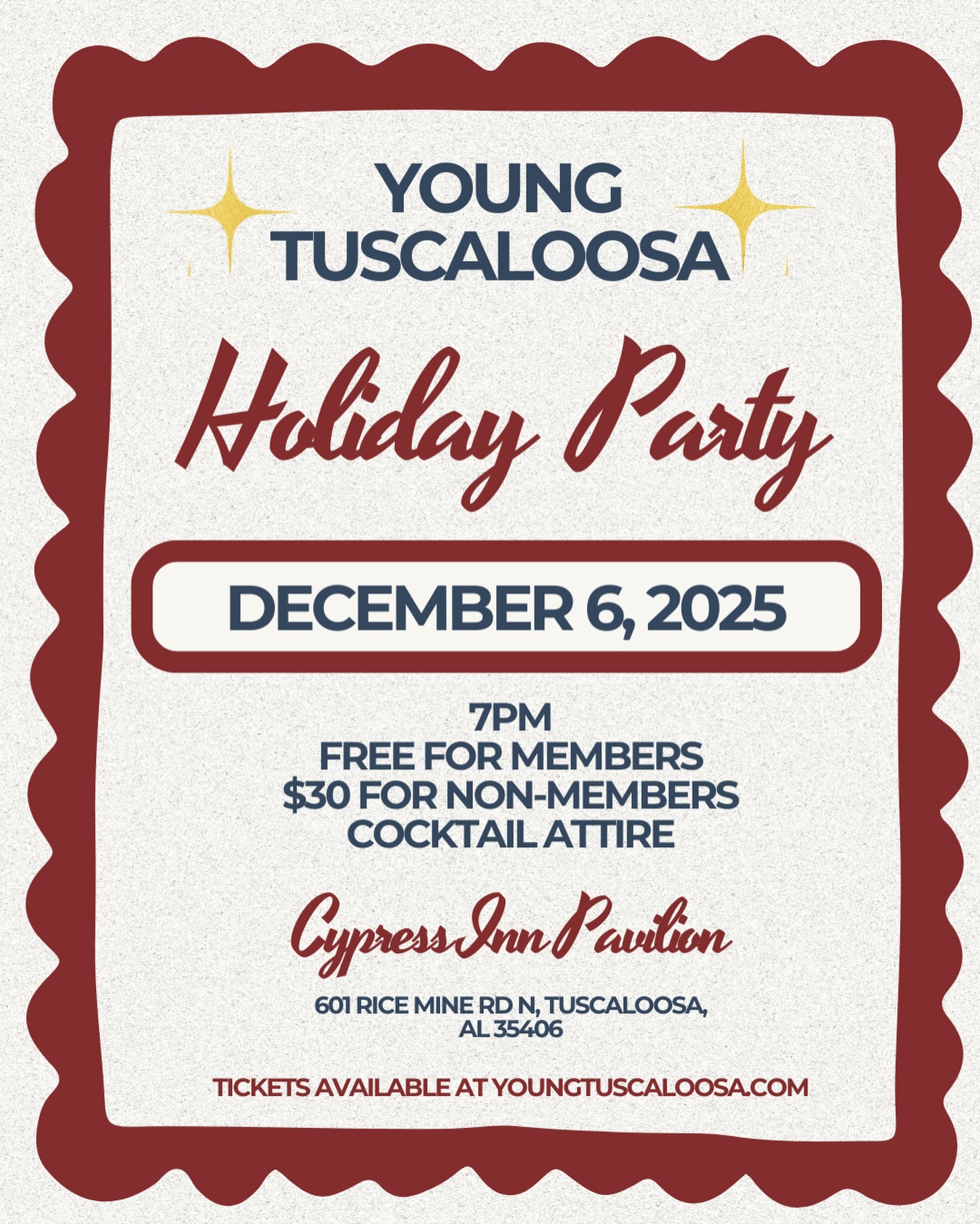 Don’t forget to get your tickets to the annual holiday party! Join us for a swanky evening with dinner, drinks and dancing. Cocktail attire requested. 🎶 #YoungTuscaloosa