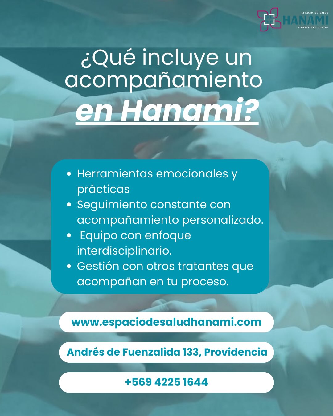 🌿 En Hanami, cada proceso importa.
Nuestro acompañamiento incluye contención y herramientas reales para ayudarte a avanzar con calma y seguridad.
De la mano de nuestros profesionales como nutricionista, psicólogo y terapeuta ocupacional, en quienes encontrarás un espacio seguro, humano y respetuoso.
💚 Porque cuando te sientes acompañada/o por un equipo comprometido, sanas y avanzas.
¿Quieres comenzar tu proceso? Estamos aquí para ti. 🌸