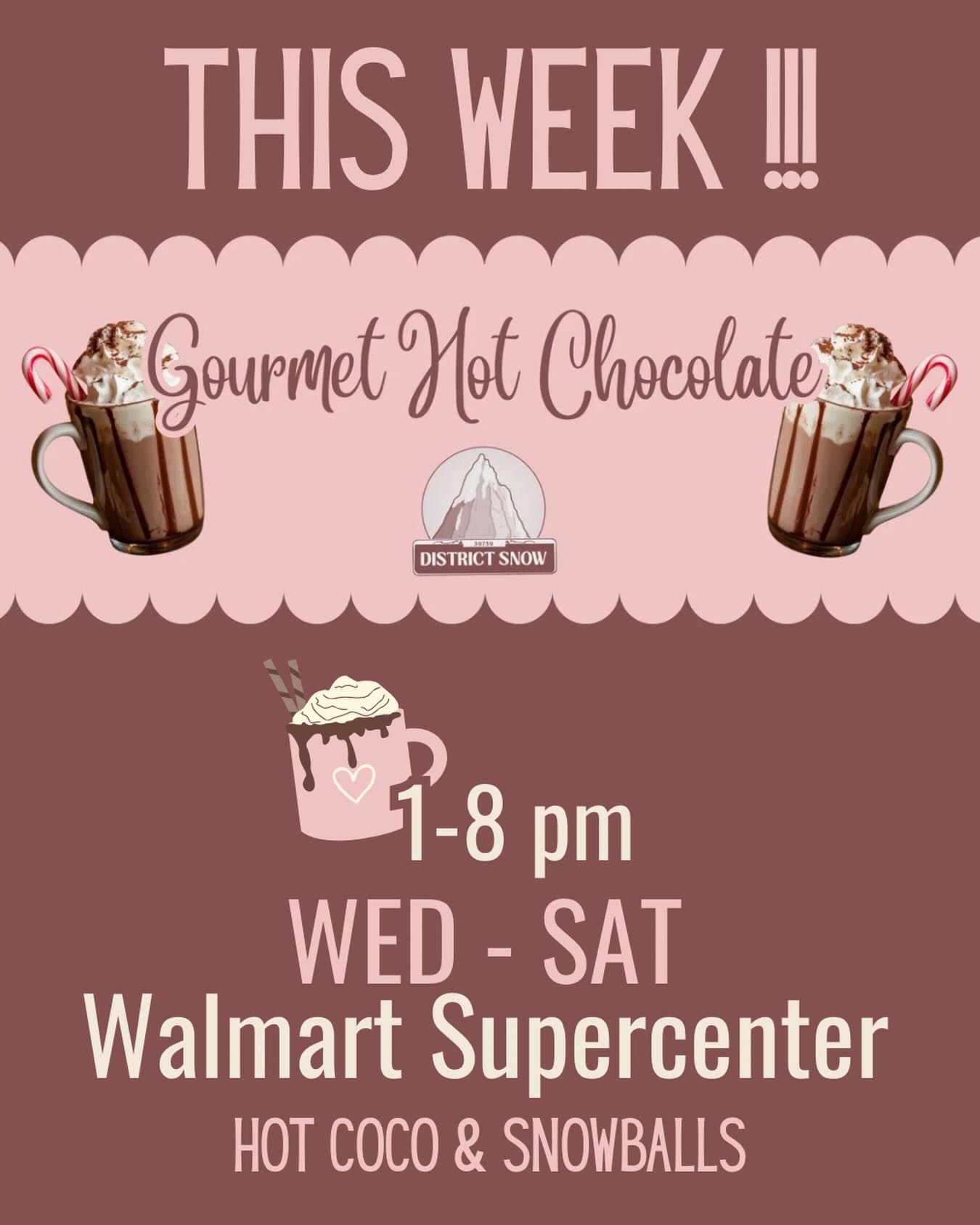 This week at district snow warm up with former hot chocolate or enjoy your favorite snowballs ❄️☕️ we’re wishing all the students good luck as they take their exams (we think district snow is the best study break treat)
We’ll be at the Walmart Super Center in Starkville from Wednesday through Saturday from 1-8PM