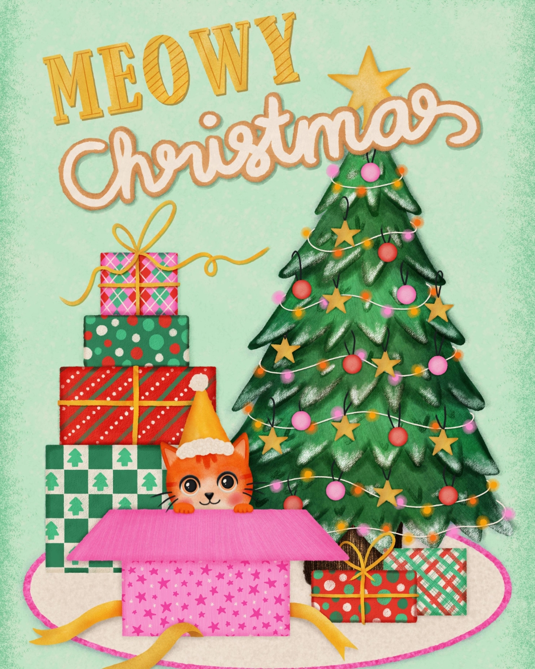 Another design for the #frostyandfestive2025 art challenge. The prompt was "Merry & Mint" so I created a little Christmas tree and gifts scene with a mint green background.
Frosty & Festive is hosted by:
@roymeister
@heyalissandra
@jenprocreates
@heathermuellerdesign
@snippetsofwhimsy
#artchallenge2025 #surfacedesigners #artlicensing #christmastree #festiveart #illustrator #illustration #cutecat #artchallenges #christmasart #happyholidays #christmasartwork #surfacedesign
