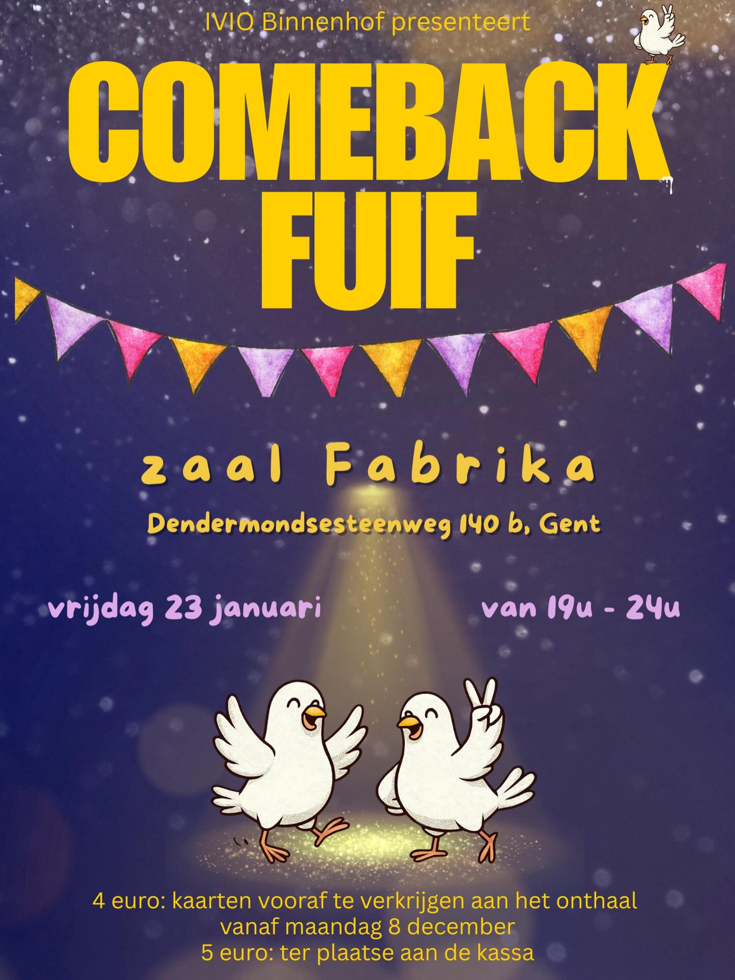 Binnenhof maakt zich opnieuw klaar voor onze jaarlijkse schoolfuif. Tickets zijn voor 4 euro vanaf vandaag beschikbaar aan het onthaal van al onze vestigingen. De fuif gaat door in dezelfde zaal als vorig jaar. Deze heeft een andere naam gekregen: Fabrika. Wij kijken er alvast naar uit! Jullie ook? ✌️🕊️✌️🪩🕺💃🏽