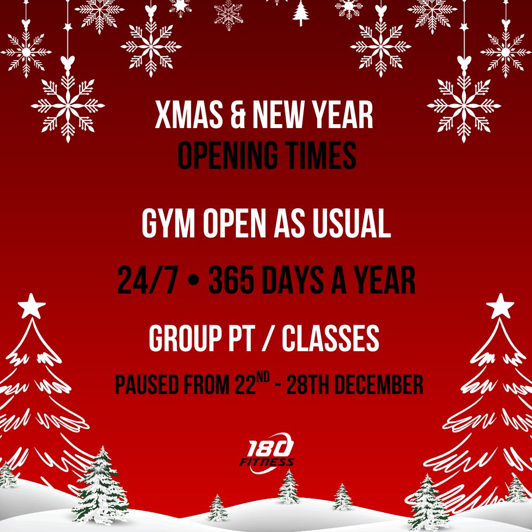 The festive season doesn’t stop your access 💪🏽🎄
180 Fitness is open 24/7, all year round — yes, even Christmas Day and New Year’s Day!
🎄 Group sessions are paused next week and will be back to normal from week commencing 29th December.
Train whenever it suits you and enjoy the holidays.
🎅🏽 Merry Christmas from all of us at 180 Fitness!