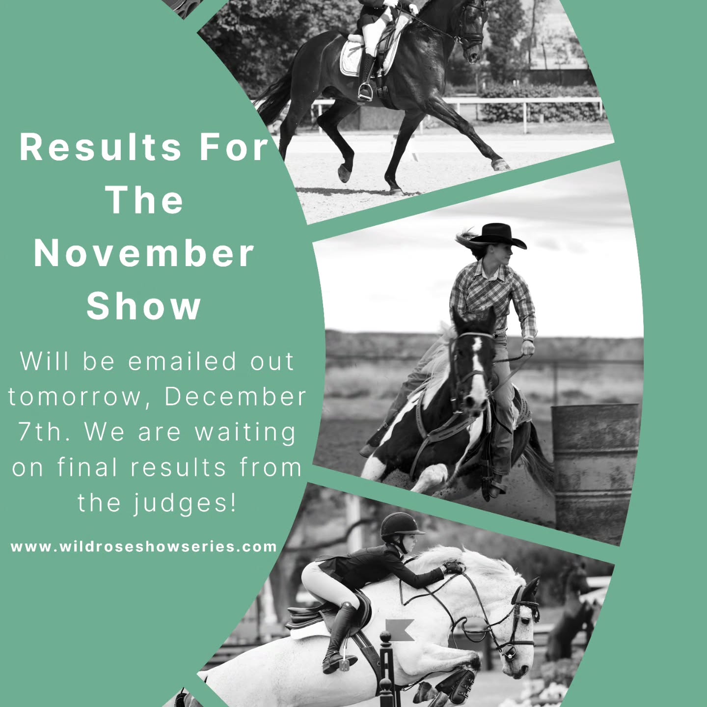 Results for the November show will be emailed out tomorrow, December 7th. 🏆
We are waiting for final results from our judges! 🐴
Keep an eye on your emails tomorrow! 📧