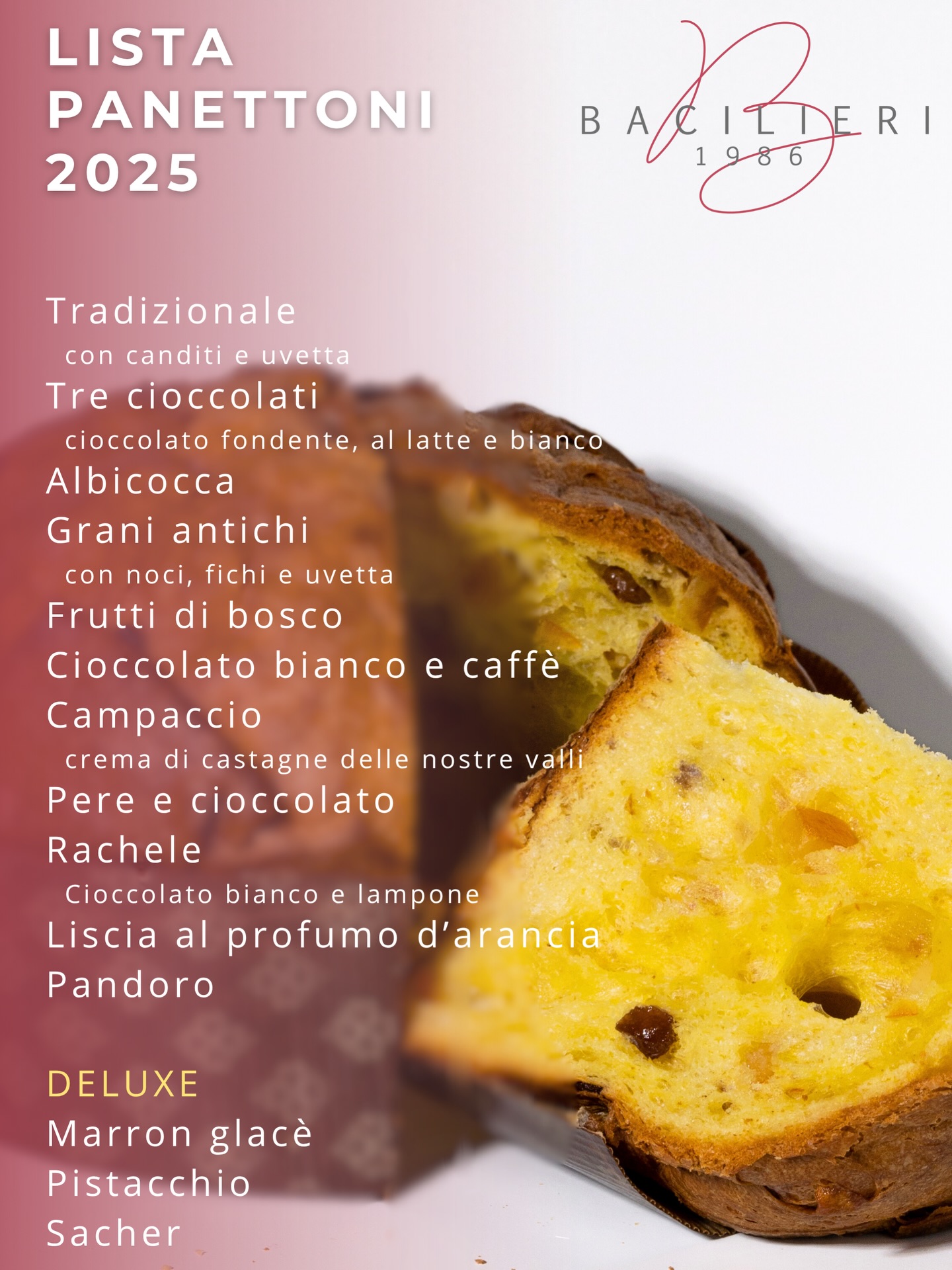 Ecco la lista aggiornata dei Panettoni !! 🎅 🎄
Vi consigliamo di prenotarli per non rimanere senza !!
.
.
.
.
#bacilieri #natale #pasticceriabacilieri #panettone #natale2025