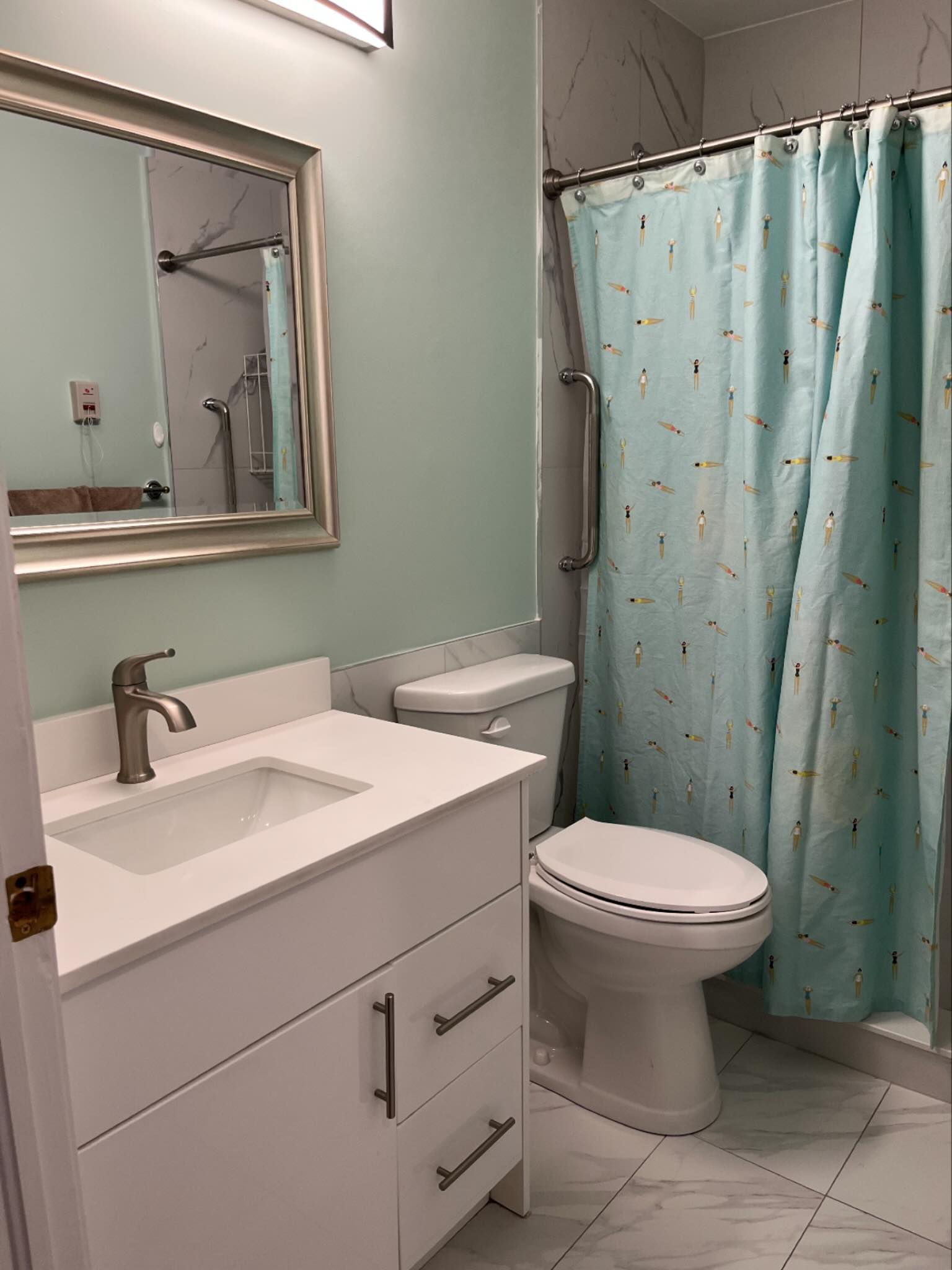 Picked the perfect paint colour to coordinate with senior clients shower curtain. @benjaminmoore