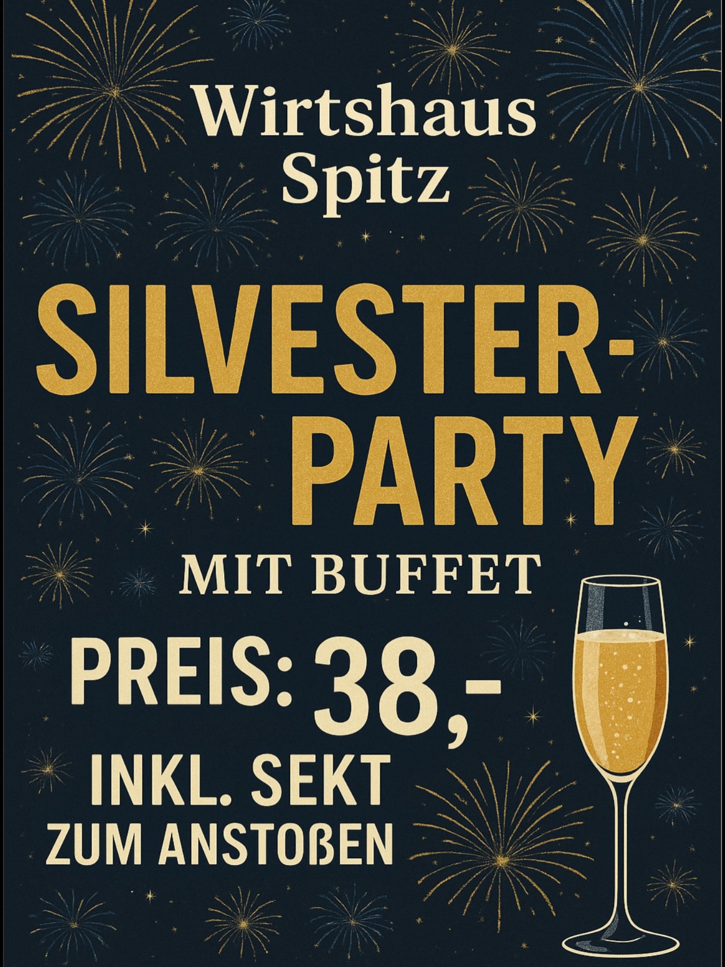 🎆 Silvester 2025 im Wirtshaus Spitz! 🎆
• Großes Buffet
• Sekt zum Anstoßen inklusive
• Gemütliche Atmosphäre & beste Stimmung 🍾
🎟️ Tickets gibt’s online auf unserer Webseite oder direkt bei uns an der Theke!
‼️ Jetzt reservieren – begrenzte Plätze!
Preis: 38,- €