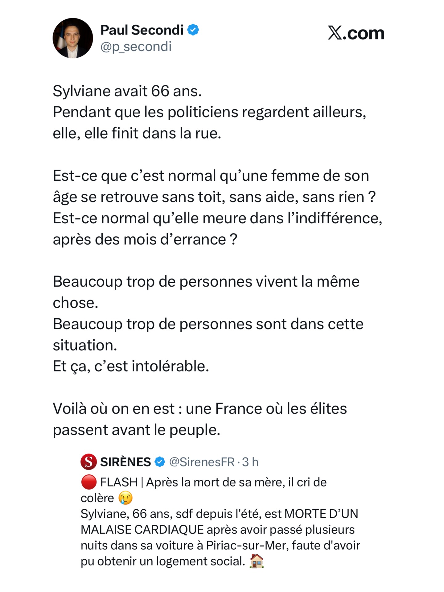 Sylviane avait 66 ans.
Elle a passé ses derniers mois dans une voiture, faute d’un toit, faute d’aide, faute d’écoute.
Elle est morte dans la rue, en France, en 2025.
Et elle n’est pas la seule.
Beaucoup trop de personnes vivent la même chose.
Beaucoup trop de vies basculent dans l’indifférence générale.
C’est intolérable.
Comment un pays comme le nôtre peut-il accepter ça ?
À quel moment avons-nous cessé de protéger les nôtres ?
Il est temps de remettre le peuple au centre.
Il est temps de construire une France qui ne laisse personne tomber.
#france #peuple #pourtoi #explore