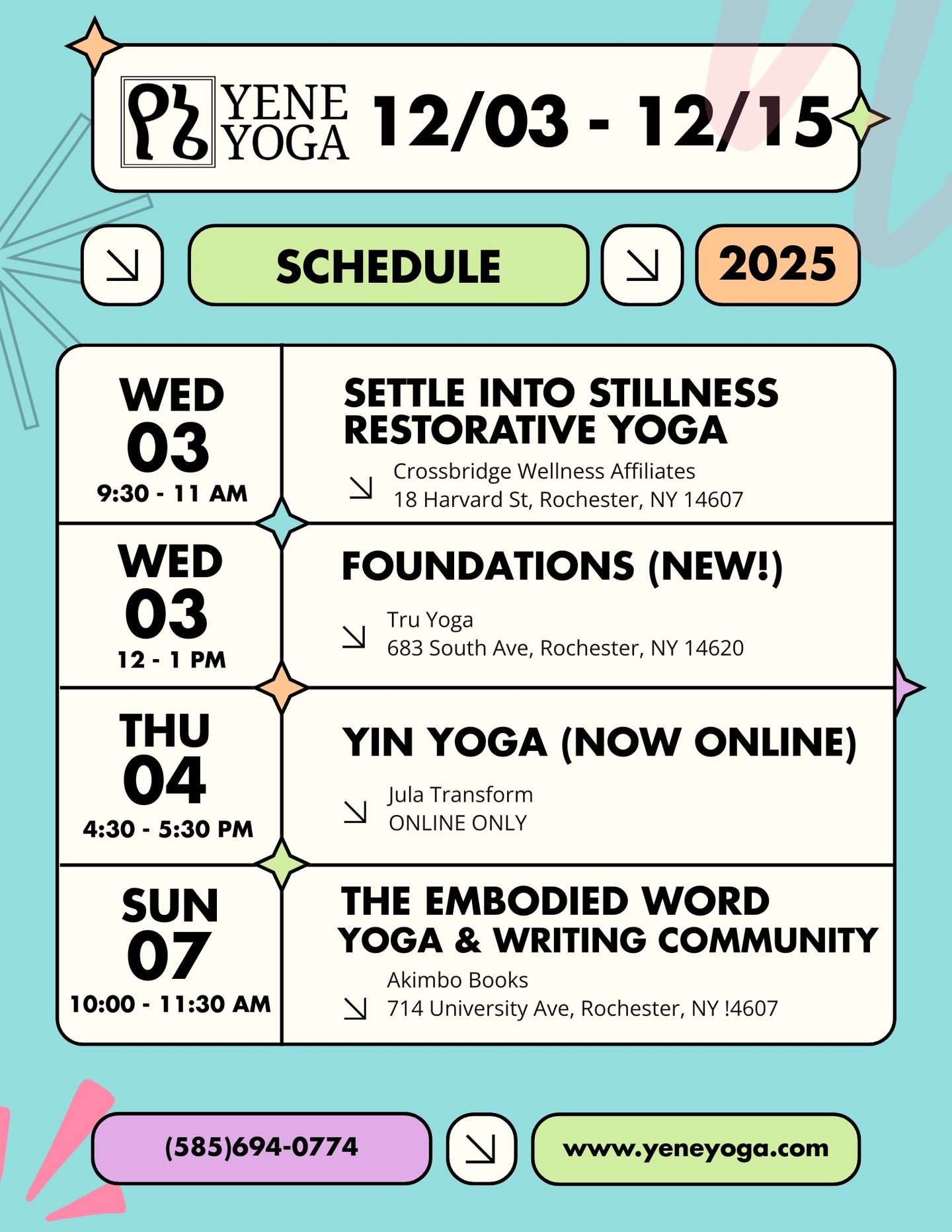 The new Yene Yoga newsletter is live!
https://yeneyoga.com/so/24PhRlh1_?languageTag=en
📢ANNOUNCEMENTS:
There will be NO CLASSES from Monday, 12/08 - Monday, 12/15, as I will be out of town. See you all on the 16th!
Mindful Energizing Vinyasa and Peaceful Release Yin Yoga are now ONLINE ONLY. Thank you to those who attended the first virtual session this morning and to the Jula Transform team!
📌EVENTS:
The penultimate meeting of The Embodied Word: Yoga & Writing Community at @akimbo.bookshop will be held THIS SUNDAY, 12/07, from 10 - 11:30 AM.
Friday, 12/19, I will be leading a gentle Restorative Yoga practice in collaboration with Bookeater Books ( @bookeaterroc ). This class will be held 5:30 - 6:45 PM with props provided. $10/$15/$20 sliding scale pricing.
🗓️SCHEDULE:
Check out upcoming offerings below!
🏞️Wednesday 12/03
🌿Settle into Stillness Restorative Yoga
9:30 - 11:00 AM EST
Crossbridge Wellness Affiliates
18 Harvard St, Rochester, NY 14607
$10/$15/$20 Sliding Scale pricing
🌿Foundations*
12:00 - 1:00 PM EST
Tru Yoga
683 South Ave, Rochester, NY 14620
$10/$15/$20 Sliding Scale pricing
🏞️Thursday 12/04
🌿Peaceful Release Yin Yoga (ONLINE ONLY)
Jula Transform
$10 flat-rate
Please book at least 30 min* before
🏞️Friday 12/05 - Saturday 12/06
NO CLASS - NO PRIVATE SESSIONS
🏞️Sunday 12/07
🌿The Embodied Word: Yoga & Writing Community
10:00 - 11:30 AM EST
Akimbo Books
714 University Ave., Rochester, NY 14607
Pay-What-You-Can pricing. Half of all proceeds donated.
🌿Hatha Yoga Club (Available for UR Undergraduate Students)*
1:00 - 2:00 PM EST
University of Rochester
Leibner-Cooper Room, Goergen Athletic Center
720 Library Rd, Rochester, NY 14611
Free for UR Students. Sign up at https://ccc.rochester.edu/hathayoga/home/.
🌿Reset & Reconnect Evening Vinyasa
5:30 - 6:30 PM EST
Crossbridge Wellness Affiliates
18 Harvard St, Rochester, NY 14607
$10/$15/$20 Sliding Scale pricing
🏞️Monday 12/08 - Monday 12/15
NO CLASS - NO PRIVATE SESSIONS
*All Tru classes must be booked directly through Tru at www.truyogaroc.com
#rochesterny #yoga #writing #selfcare #events #resotrative #beginner