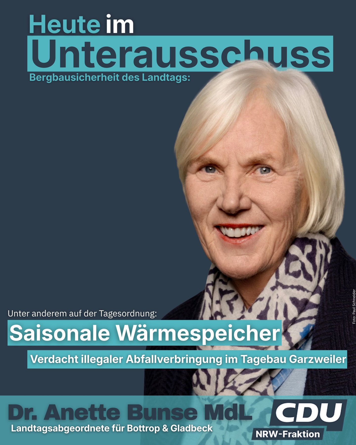 ⚒️ Heute bin ich für die CDU im Unterausschuss Bergbausicherheit des NRW-Landtags 🏛️
Auf der Tagesordnung stehen erneut wichtige Themen rund um Umwelt-, Boden- und Wasserschutz im Zusammenhang mit dem Bergbau 🌱🌊
🔎 Im Fokus stehen u. a.:
• Verdacht illegaler Abfallverbringung im Tagebau Garzweiler – aktueller Ermittlungsstand und mögliche Umweltauswirkungen
• Rolle der Bergbehörde während der Starkregenkatastrophe 2021 und Umsetzung der Empfehlungen des PUA II
• Saisonale Wärmespeicher – wie im Boden gespeicherte Sommerwärme im Winter genutzt werden kann
• Beitritt von K+S zur Schlichtungsstelle Bergschaden NRW
• Folgen illegalen Verklappens belasteter Böden in Kiesseen
• Grundwasseranstieg im Rheinischen Revier sowie der Wasserwirtschafts-Sachstandsbericht 2025
Viele wichtige Punkte, die für Sicherheit, Transparenz und nachhaltige Entwicklung in unserer Region entscheidend sind. Ich halte euch auf dem Laufenden. ✨🙏🏻💪🏻
📸 Paul Schneider
#cdu #cdunrw #bottrop #gladbeck #landtagnrw #anettebunse