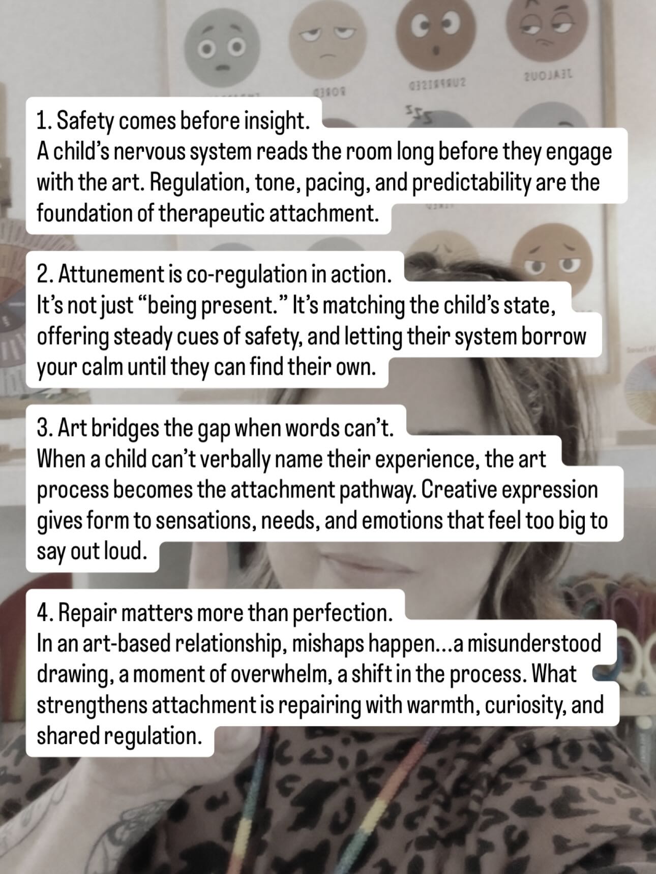 4 Things to Know About Attunement & Attachment in the Art Therapy Space 🪺🧠
1️⃣ Safety comes before insight.
A child’s nervous system reads the room long before they engage with the art. Regulation, tone, pacing, and predictability create the secure base they need to explore. 🧠💛
2️⃣ Attunement is co-regulation in action.
It’s more than presence, it’s matching their state, offering steady cues of safety, and letting their system borrow your calm until they find their own. 🌿🤲
3️⃣ Art expresses what words can’t.
When a child can’t name their experience, the art process becomes the attachment pathway. Creativity gives shape to sensations, emotions, and needs that feel too big to say aloud. 🎨✨
4️⃣ Repair matters more than perfection.
Mishaps happen: a misunderstood drawing, overwhelm, or changes in the process. What strengthens attachment is repairing with warmth, curiosity, and co-regulation. 💞🔄