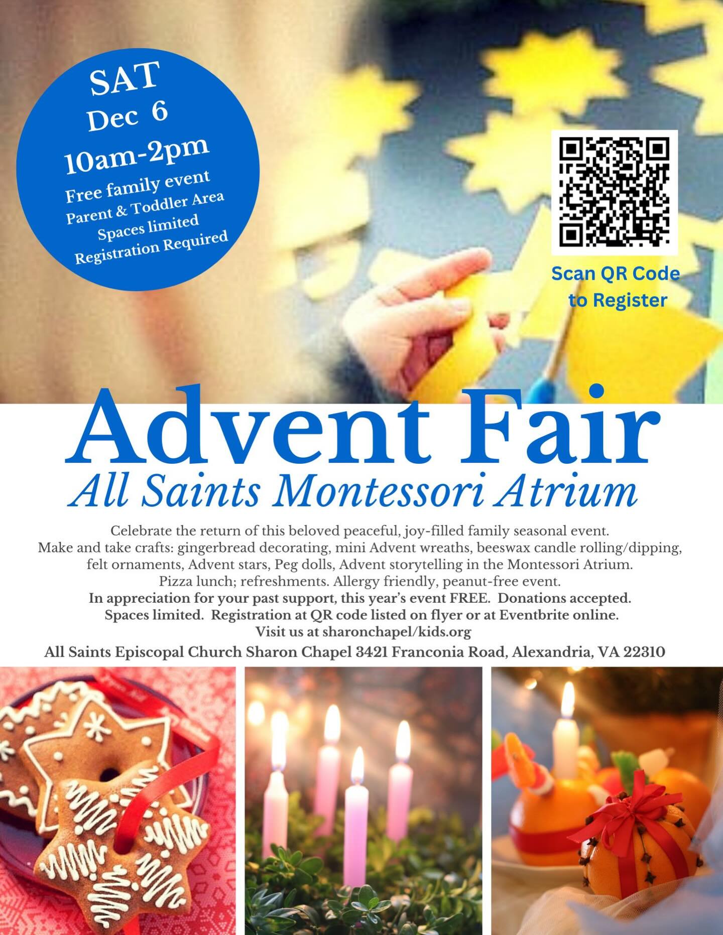 Join us this Saturday, December 6 from 10am to 2pm for a peaceful, joy-filled day at our Family Advent Fair.
There will be make-and-take Advent Crafts, seasonal Advent storytelling, and refreshments, including a pizza lunch.
Family friendly activities for children Toddler/Pre-K, all ages. Allergy friendly, peanut free event. All are welcome. Event is free, donations welcome. To register, see link in profile.