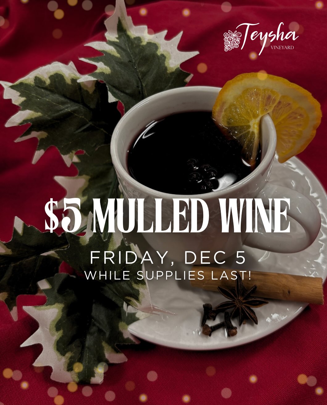 ✨ Day 6 of our 12 Days of Christmas Promotion! 🎄
Get in the holiday spirit with $5 mulled wine from 12–7pm today! Warm, cozy, and perfectly spiced. 🍷❤️
We’ll also be serving sausage & chicken gumbo—a delicious winter treat!
🎶 Tomorrow (Saturday): Live music + a free chocolate with any glass of wine purchase for a sweet seasonal bonus! 🍫🍷
🍷 Sunday: Enjoy 15% off red wine bottles—stock up for holiday parties, gifts, or cozy nights at home!
Come sip, relax, and celebrate with us all weekend long. 🎁✨