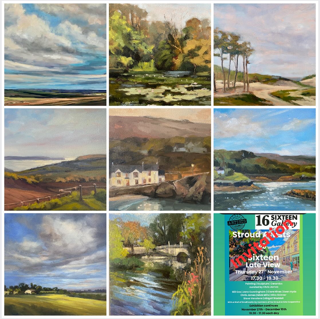 These are my paintings currently hanging in Cheltenham - we are at @sixteengallery until Dec 10th- swipe to see a video of the whole exhibition!!
I have one huge sky painting, but the rest are smaller scenes from either Cheltenham, the Cotswolds , Wales, or Scotland – there’s an amazing mix of other paintings here – all budgets coated for – come on down and buy some Christmas presents!
#artforchristmas #budgetart #cotswoldart #cheltenhamart #localgallery