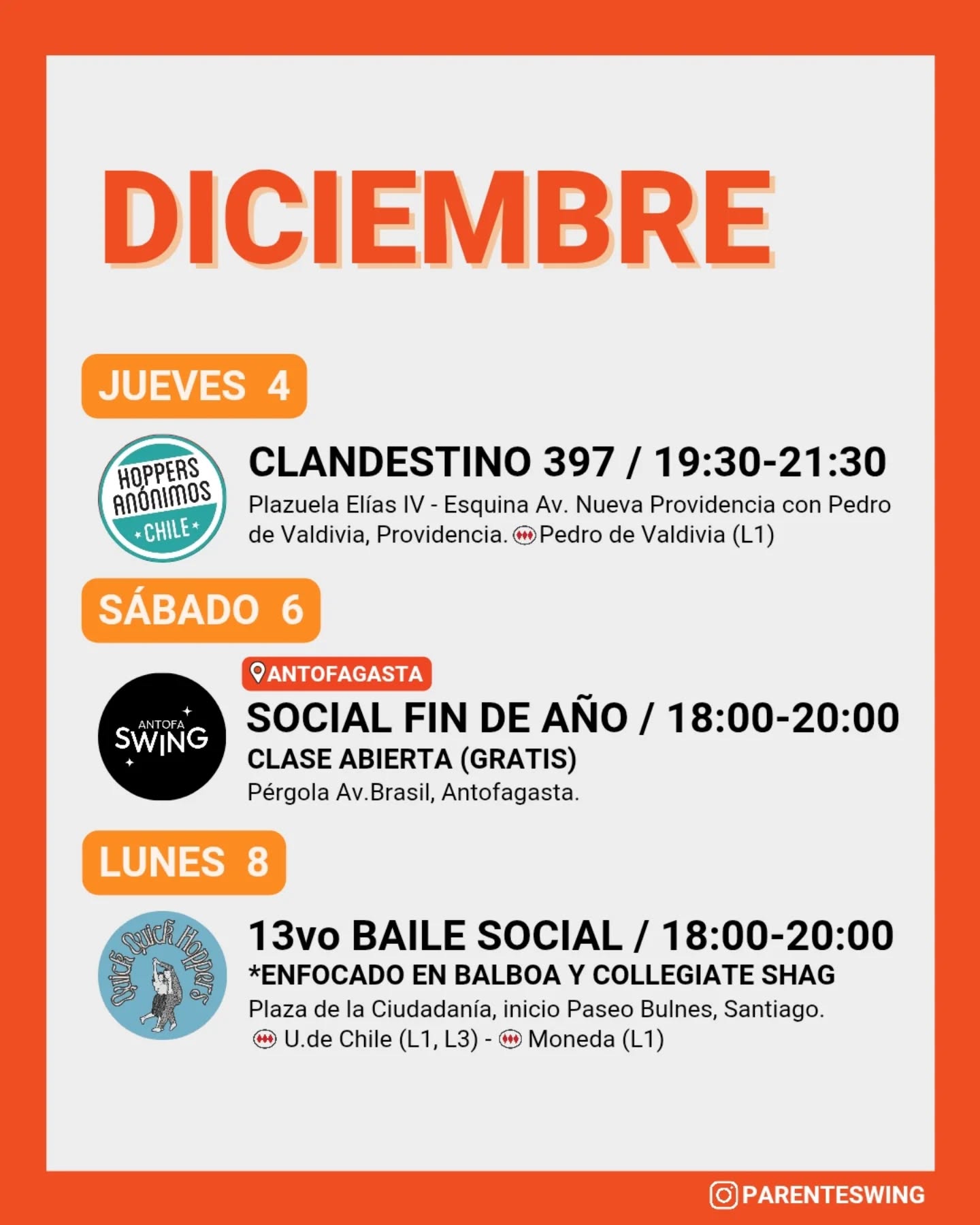 ✨Todos los eventos son gratuitos y abiertos a todo público, a menos que se indique valor de entrada 💸
‼️Cualquier modificación o nuevo evento en los comentarios👇🏻 y/o por historias 👆🏻
🤔 Qué es un Clandestino o Baile Social?
Una instancia donde fanáticos de los bailes swing (Lindy hop, Balboa, Shag, Solo jazz) se reunen a compartir, hacer comunidad y a la vez, practicar.
❌ Las actividades publicadas NO son instancias de clases para aprender a bailar, a menos que se indique “Taller” o “Clase Abierta”.
👀 Quieres aprender a bailar?
En nuestra historia destacada “CLASES” está toda la información y formularios de inscripción a los cursos del mes de las escuelas de bailes swing ✨
Nos vemos en la pista! 💃🏻🕺🏻🔥
#danzachile #lindyhopchile #swingchile #bailechile #eventoschile #danzasantiago #santiagodechile #panoramasgratis #swingdancechile #swingdancingchile #lindyhopperschile #panoramasgratis #panoramagratis #santiago
