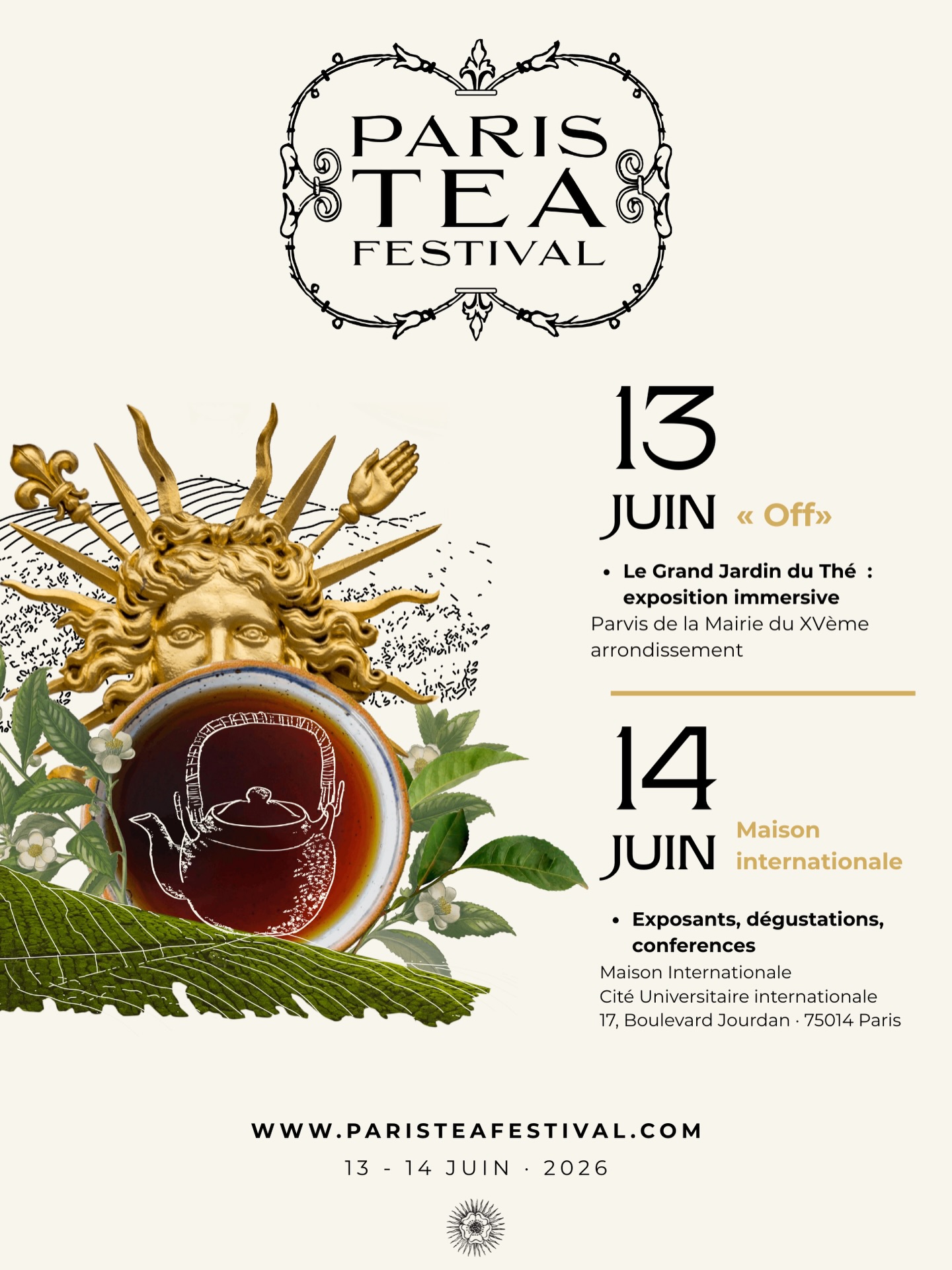 🇫🇷En juin, Paris redeviendra la capitale européenne du thé.
Rendez vous incontournable pour celles et ceux qui le cultivent, le transmettent et le célèbrent, les 13 et 14 juin 2026 🍃
🍵Deux jours, deux tempos.
Le samedi 13 juin, Le Grand Jardin du Thé prend racine sur le Parvis de la Mairie du XVe, ouvert, vivant, généreux.
Le dimanche 14 juin, place à une journée d’exception à la Maison Internationale, entre expositions, dégustations et conférences, pour celles et ceux qui aiment le thé pensé, transmis, célébré.
Le programme arrive bientôt, la billetterie early bird aussi…
On se retrouve en juin à Paris ?
—
🇬🇧🇺🇸In June, Paris will once again become the European capital of tea.
An unmissable gathering for those who cultivate it, pass it on, and celebrate it, on June 13 and 14, 2026 🍃
🍵 Two days, two rhythms.
On Saturday, June 13, The Grand Garden of Tea takes root on the forecourt of the 15th arrondissement Town Hall, open, vibrant, generous.
On Sunday, June 14, it is time for an exceptional day at the Maison Internationale, with exhibitions, tastings, and talks, for those who love tea when it is thoughtfully explored, carefully transmitted, and joyfully celebrated.
The program will be revealed soon, and early bird ticketing too…
Shall we meet in Paris this June?
#paristeafestival #paristeafestival2026 #ptfouiouioui 🔥