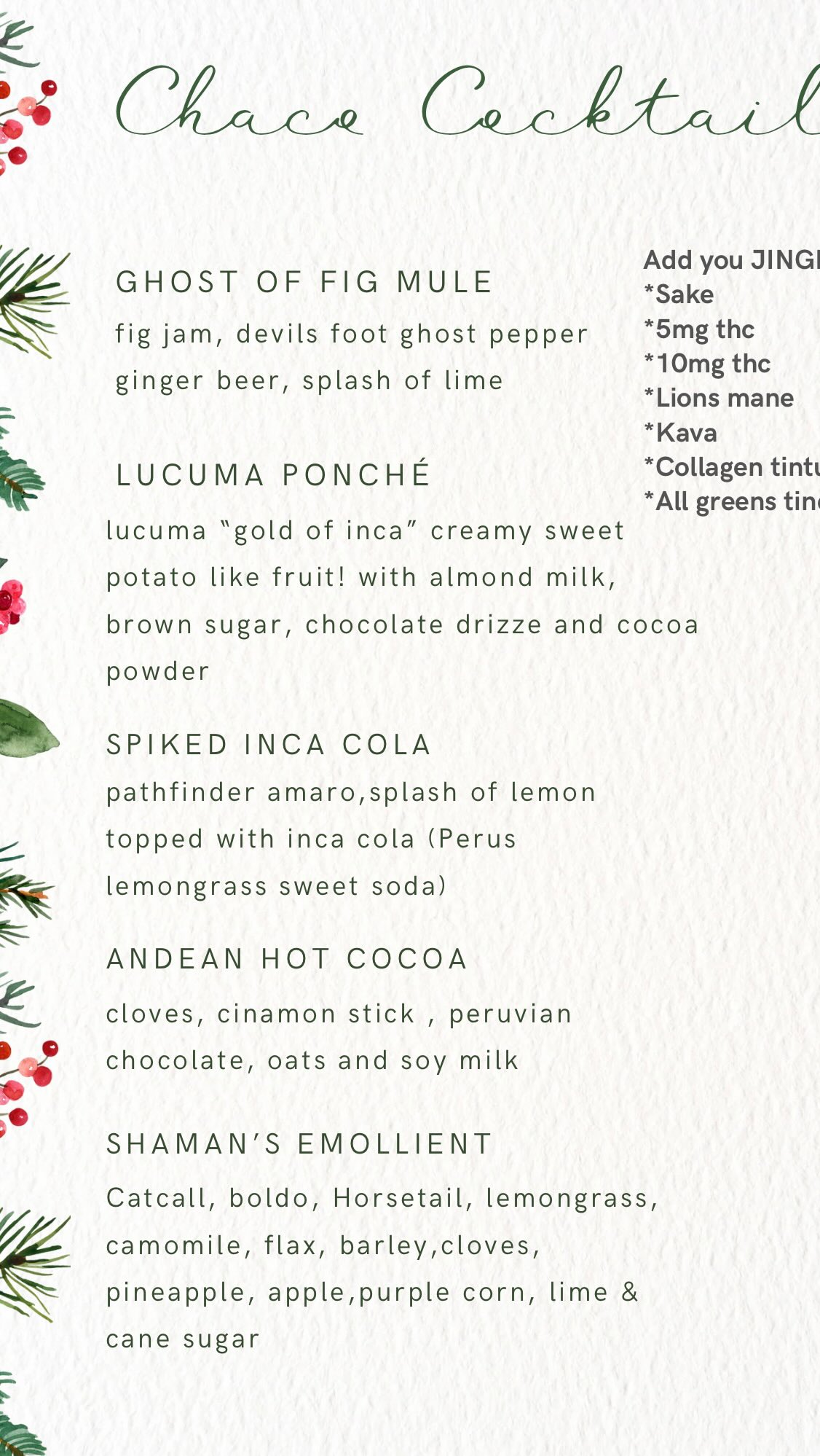 🌿 Shaman’s Emollient! 🌿
You’ll definitely find emoliente being served by street vendors on the streets of Peru during those chilly winter days! It’s a beloved traditional herbal potion and Peru’s version of hot toddies, packed with goodness that I can’t wait for you to try. Peruvian culture holds emoliente in high regard as a natural remedy for everything from digestion to cold relief. Think of it as a warm hug that also boosts your energy!
Made with wholesome ingredients like cat’s claw, boldo, horsetail, and more, it’s known for its anti-inflammatory and detoxifying properties. The locals swear by its benefits, enjoying it hot in the winter and refreshing cold in the summer, and I can see why!
Customize Your Experience!
Add a JINGLE to your Shaman’s Emollient for an extra kick:
• Sake for a warm buzz 🍶
• THC for soothing lift🌱
• Lion’s Mane for brain boost 🍄
• Kava Root for body relaxation 🌊
• Beauty Tinctures for a glowing complexion ✨
• All Your Greens Tinctures for a nutrient boost🌱
I’m so excited for you to experience this incredible drink and all its benefits! Who’s ready to join me in sipping on some herbal magic? ☕️💚