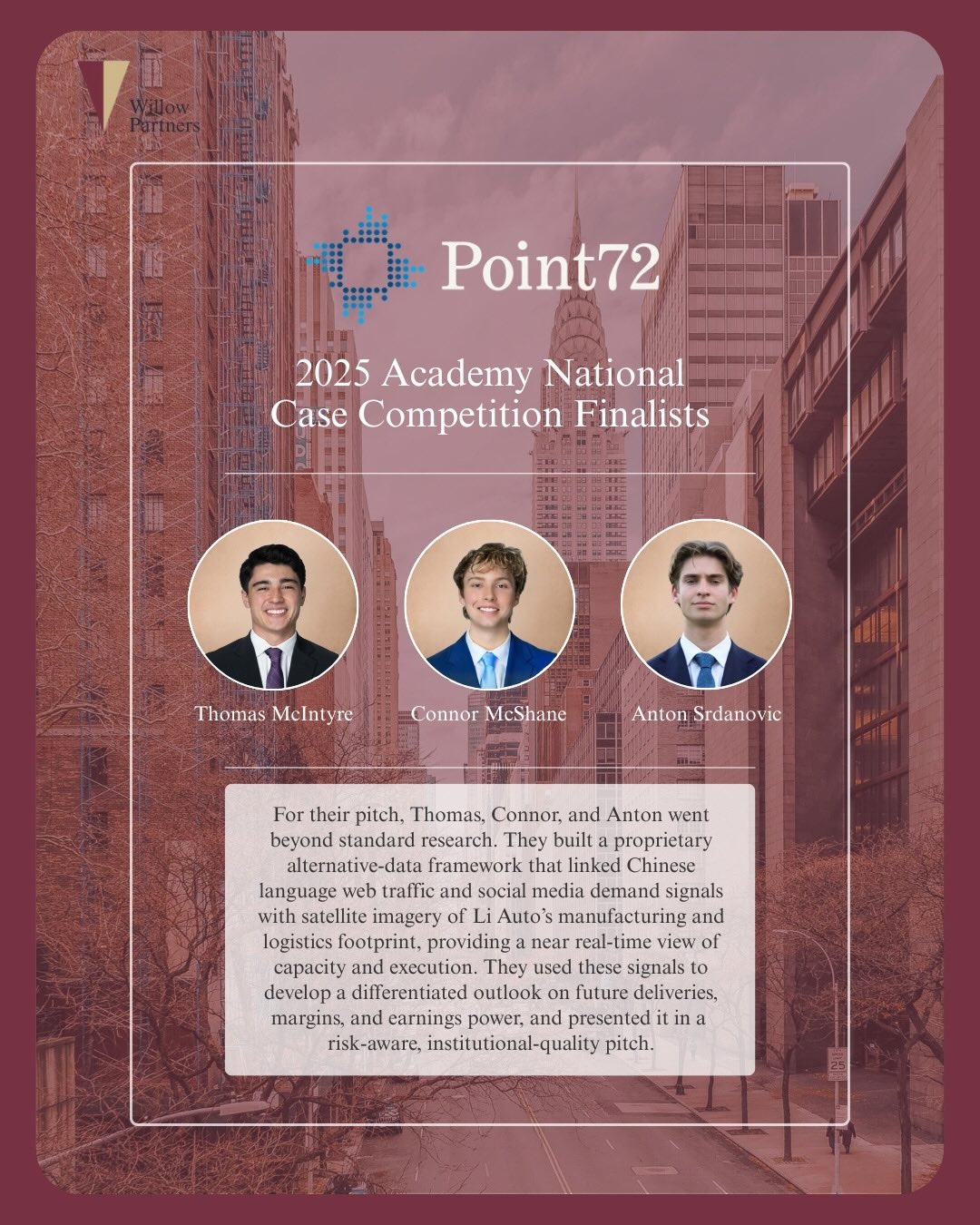 We’re proud to recognize Connor McShane, Thomas McIntyre, and Anton Srdanovic of Noles on Wall Street for advancing to the finals of the 2025 Point72 Academy National Case Competition – U.S. They were 3 of just 75 students selected from 3,500+ applicants, 80 universities, and 850+ teams, representing Florida State University with a hedge-fund–style long thesis on Li Auto (NASDAQ: LI).
Their performance is a strong reflection of the talent in Noles on Wall Street and the growing footprint of FSU in alternative investments.