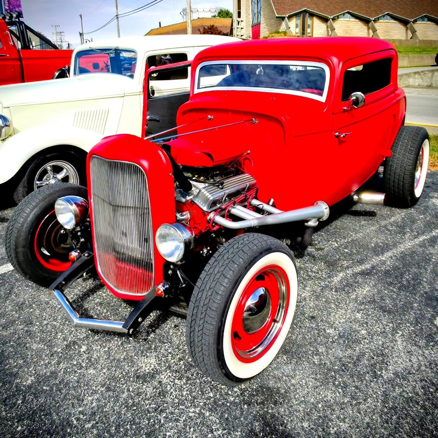 Red hot rods never go out of style. This chopped and channeled street rod is pure old school attitude with an open engine bay, wide whites, and a stance that just dares you to hit the throttle. #cartucky
