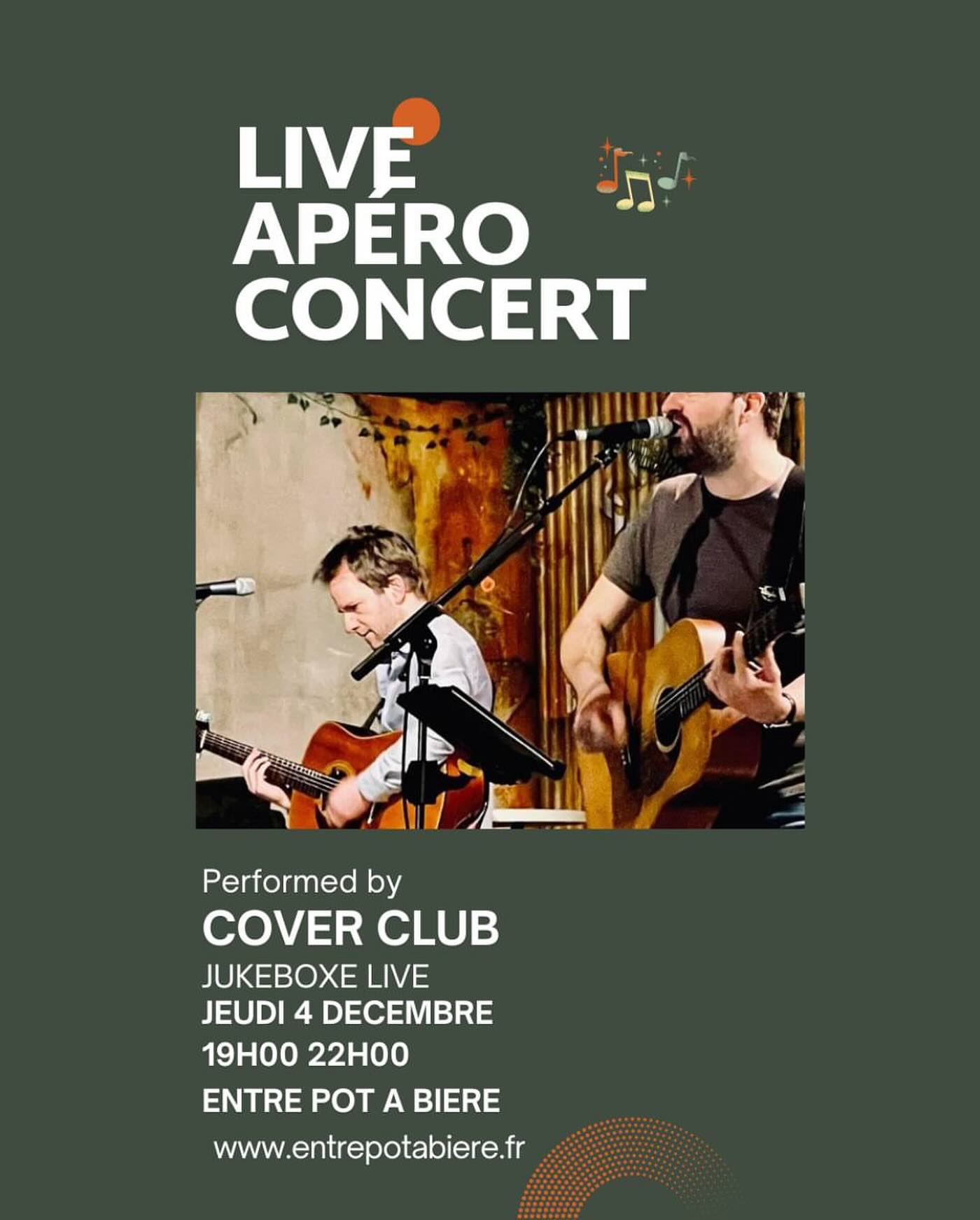 On se retrouve ce jeudi 4 décembre a Andrézieux-Bouthéon pour un concert en duo acoustique à l’Entre pot à Bière
🍺 live jukebox : c’est vous qui allez faire la playlist du concert. Choisissez vos chansons préférées dans une liste de 200 standards pop rock (des Beatles à Pharrell Williams en passant par Téléphone ou Queen), on les joue en direct.
🍻 Rendez-vous entre 19h et 22h 😎
À jeudi !
#concert #live #jukebox #livejukebox #reprises #reprisespoprock #coverclub #duoacoustique #entrepotabiere #andrezieux #andrezieuxboutheon