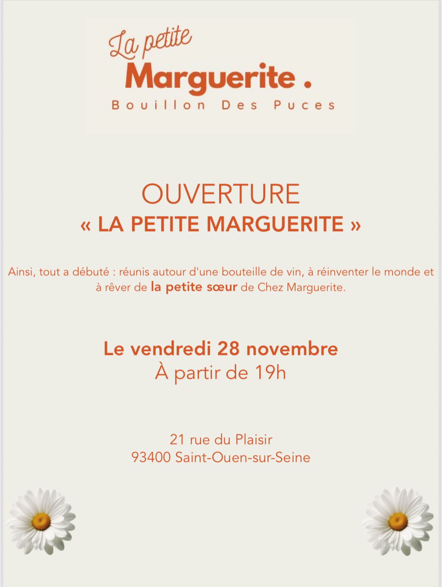 🌼 LA PETITE MARGUERITE 🌼
La petite sœur de Chez Marguerite !
📍 21 rue du Plaisir - 93400 Saint Ouen
#paris #onmytable #terrasse #restaurantsparis #bonneadresseparis #parisfood #terrasseparisienne #frenchfoodlovers #restaurantparisien #eatparis #instafood #parisjetaime #chezmargueriteparis